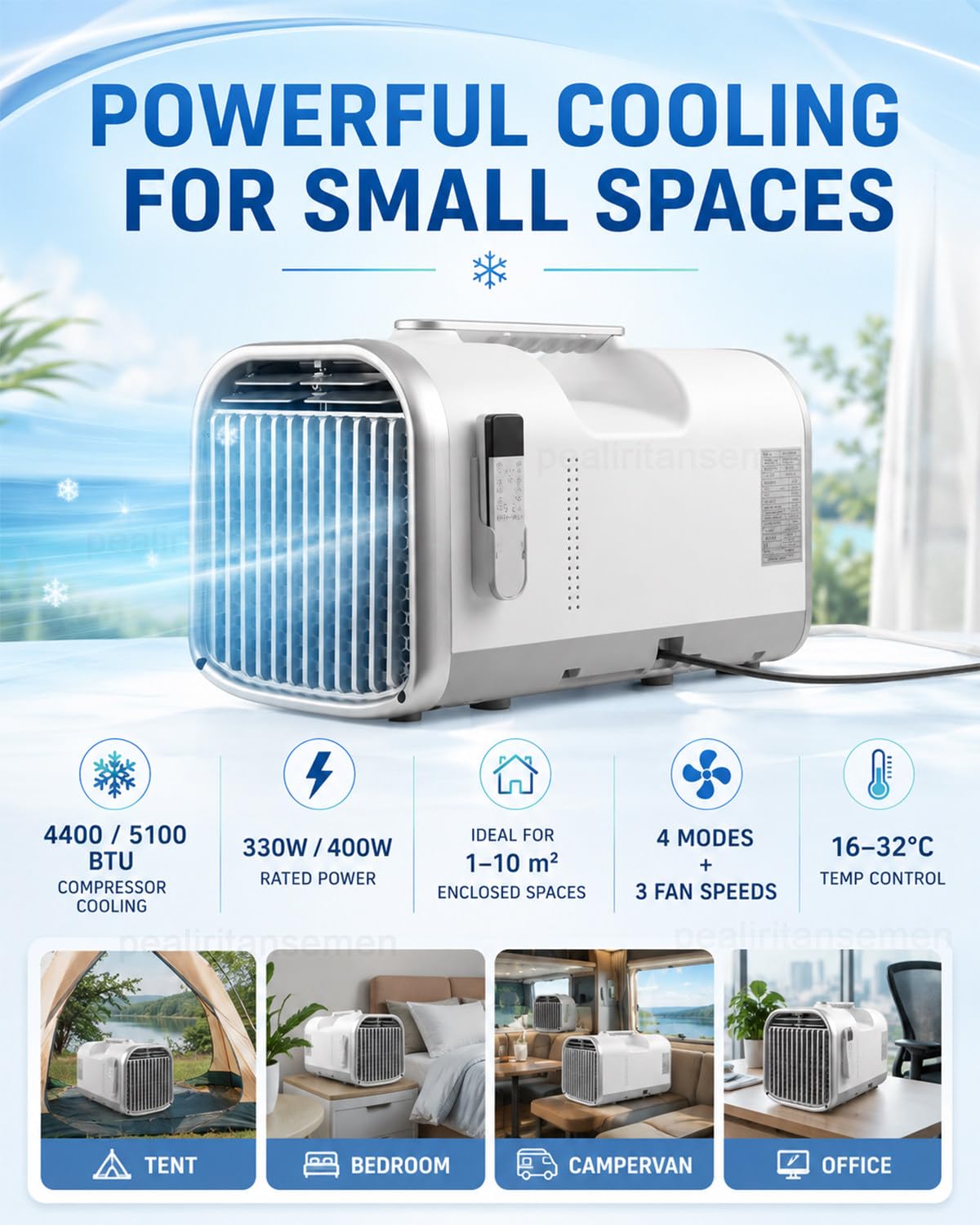 Klimatyzator Przenośny Nowej Generacji Ze Sprężarką, 4 Tryby, 3 Prędkości, Panel Dotykowy, Pilot, Timer, Samoodparowanie I Uchwyt 1500W