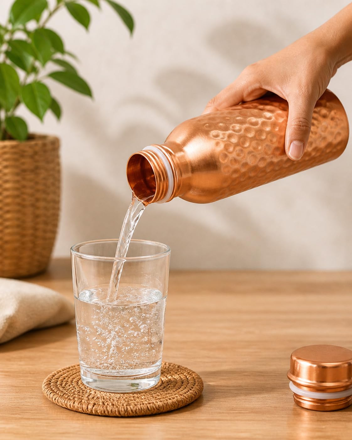 Bouteille d'eau en cuivre pur Fabriquée à la main Petite taille de 425 ml facile à transporter pour le sport, Finition en cuivre martelé naturel