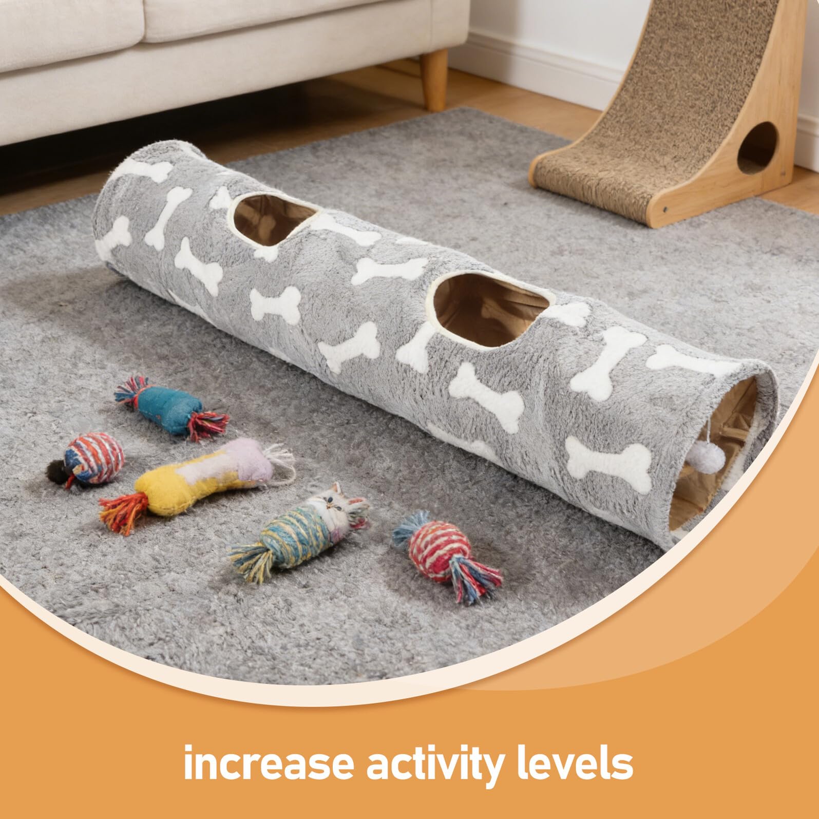 Tunnel pour Chat à 2 Trous avec Balle en Peluche Tunnel Droit Pliable en Tissu Résistant Interactif pour Chatons Intérieur Stimulant L'exploration Mouvement