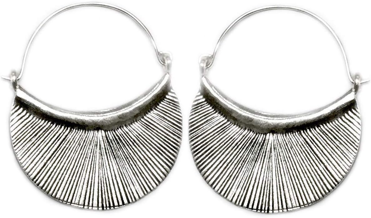 Handmade Sterling Silver Crescent Boho Hoop Earrings, Half Moon with Etched Lines Hippie Ethnic Tribal Style, Medium Size 1 x 1 5/16 inches, Gift for Her