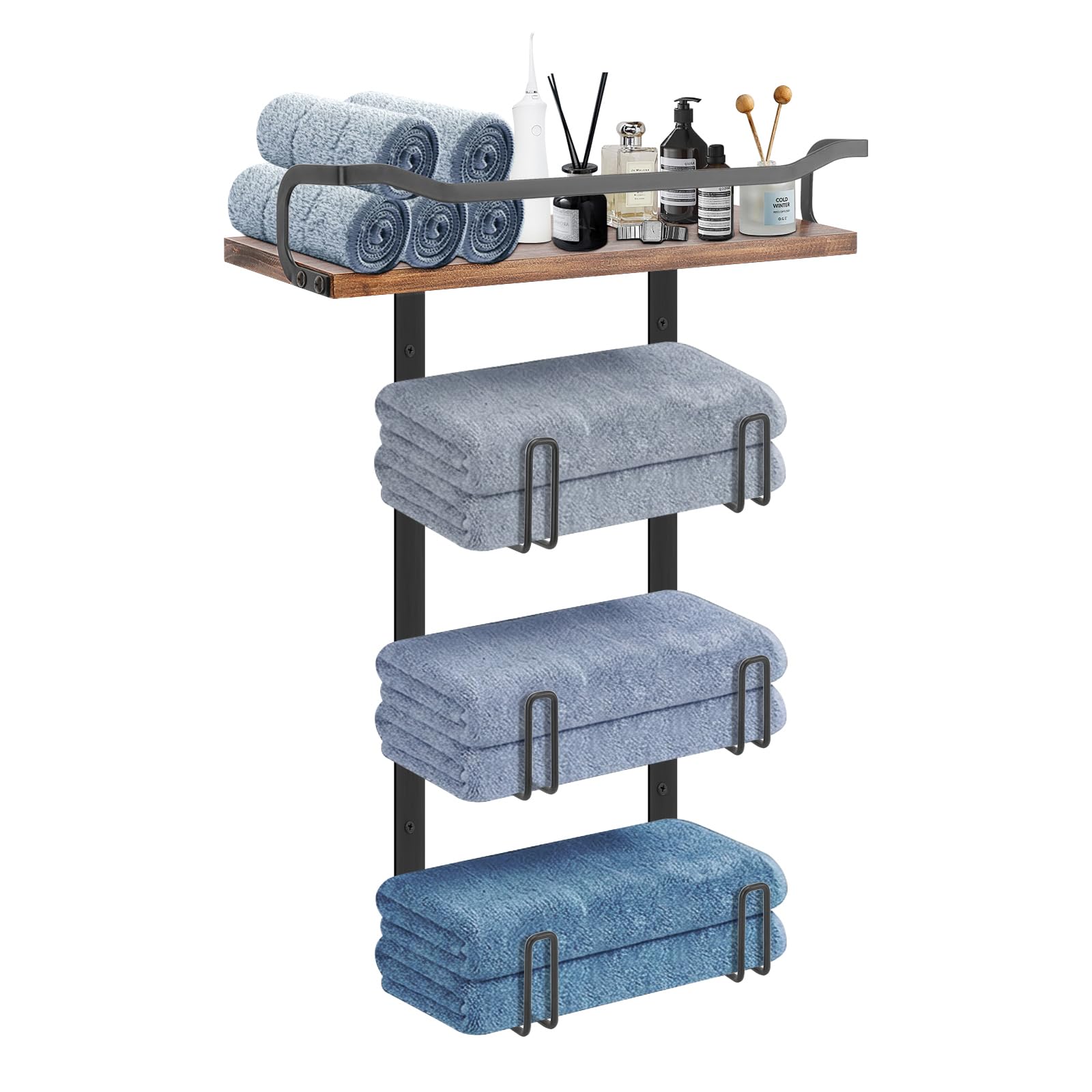 NearMoon Towel Rack with Wooden Shelf All Metal Rustproof Towel Organizer Holder for Bathroom Storage Wall Mounted 1