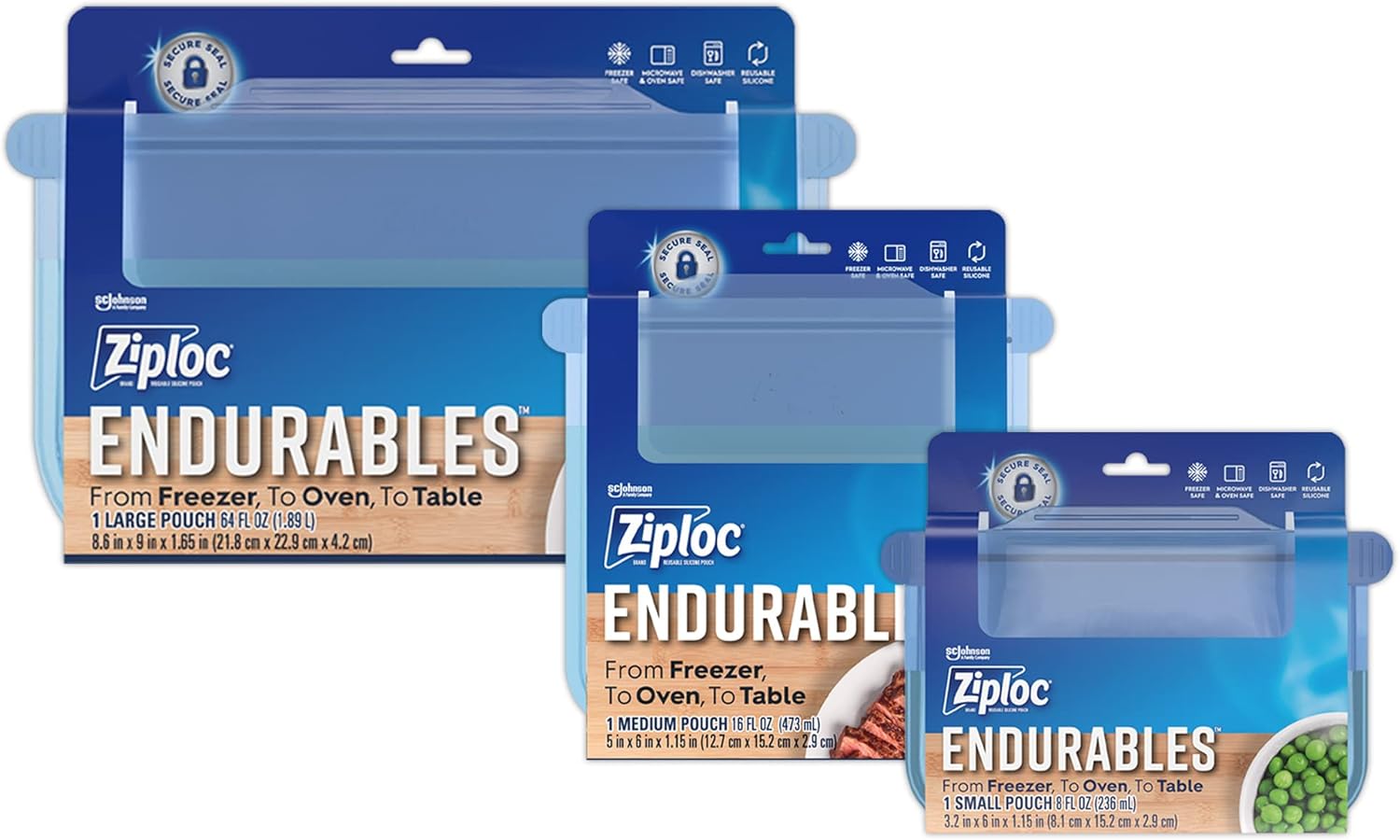 Ziploc Endurables Small, Medium, and Large Pouch, Reusable
