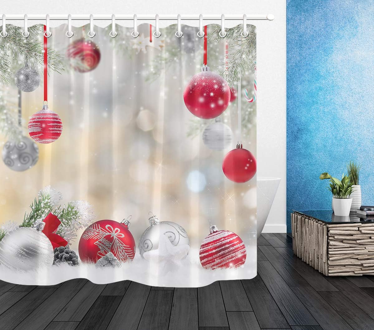 LB Christmas Shower Curtains for Bathroom Christmas Ball Shower Curtain with Hooks Snowflake Cedar Red Silvery New Year Bathroom Decorations 72x78 inch Extra Long Polyester Fabric Waterproof