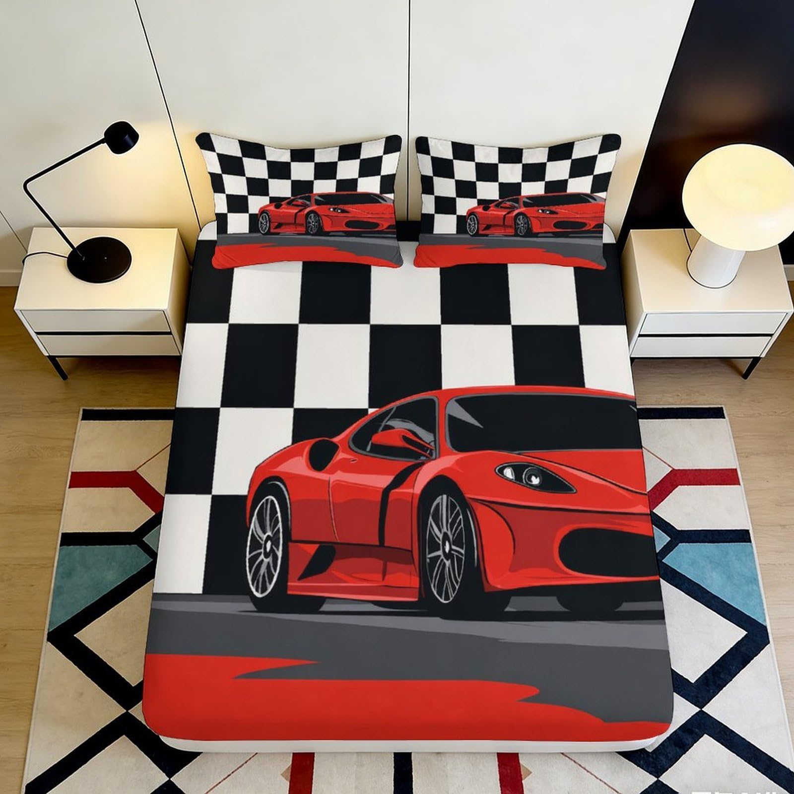 3D Printed Racing Car Fitted Sheet Microfiber Soft Durable 3D Printed Checkered Flag Bed Cover Mattress Protection for Bedroom Dormitory Guest Room 120x200x25cm
