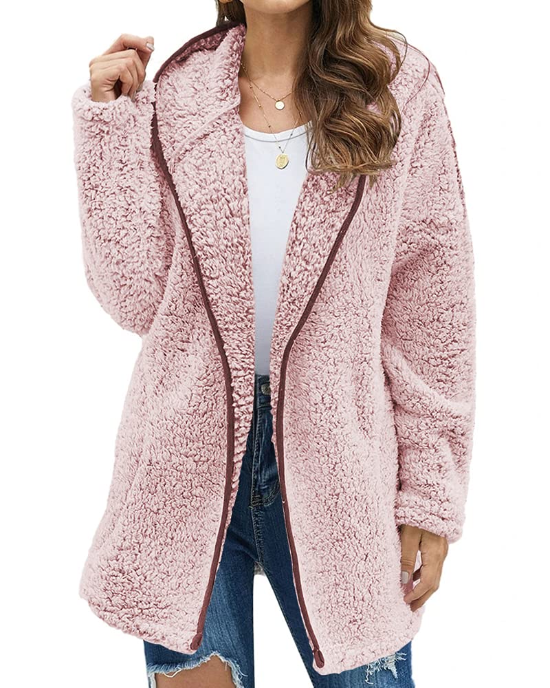 MABES WAREHOUSEWomens Hooded Jackets Zip Up Fuzzy Fleece Outwear Coat Long Sleeve Fall Warm Sherpa Jacket with Pockets