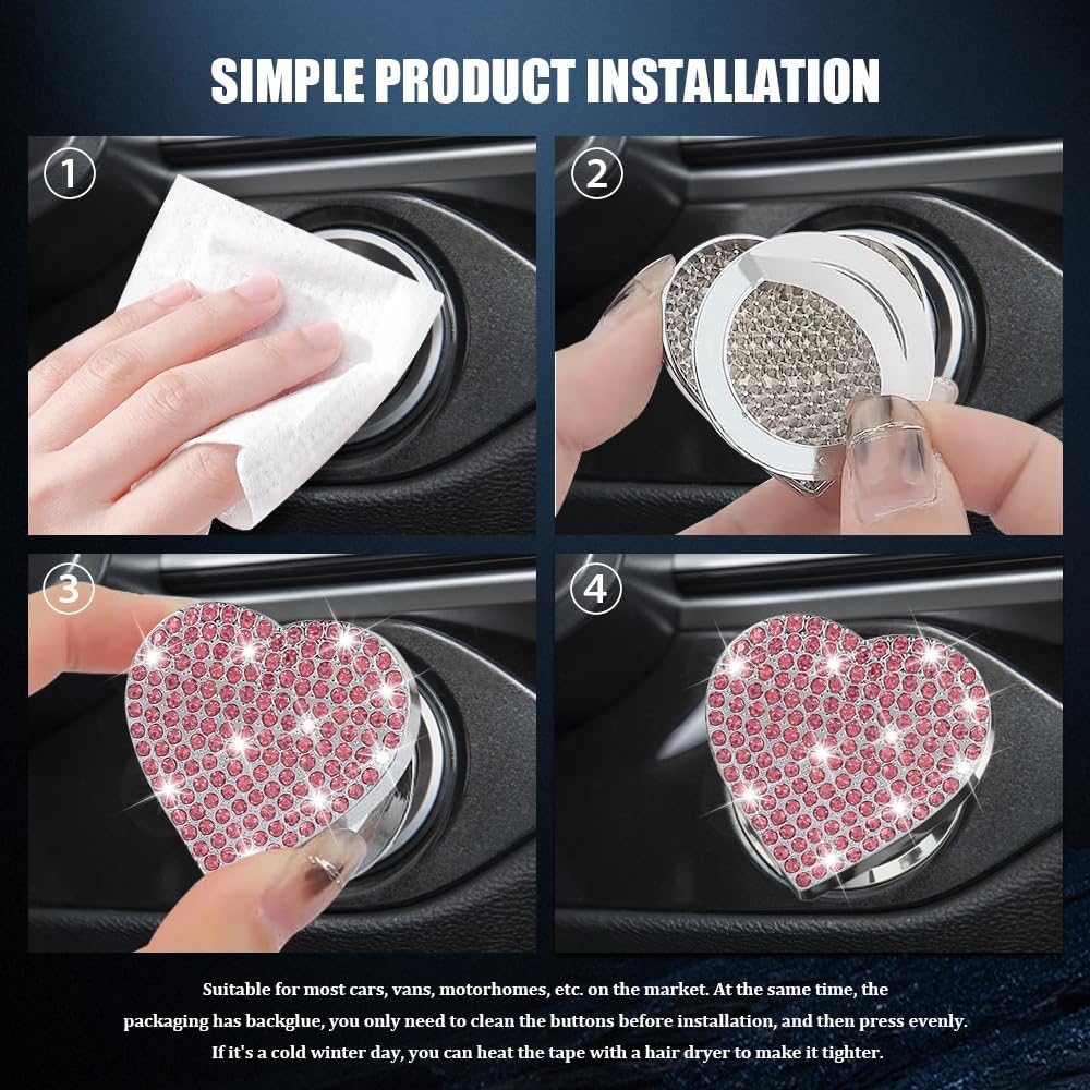 Bling Car Engine Start Button Cover, Push Start Button Cover, Cute Heart Shape Diamond Ignition Cap, Car Sparkly Rhinestone Ignition Decal for Women Girls thumbnail