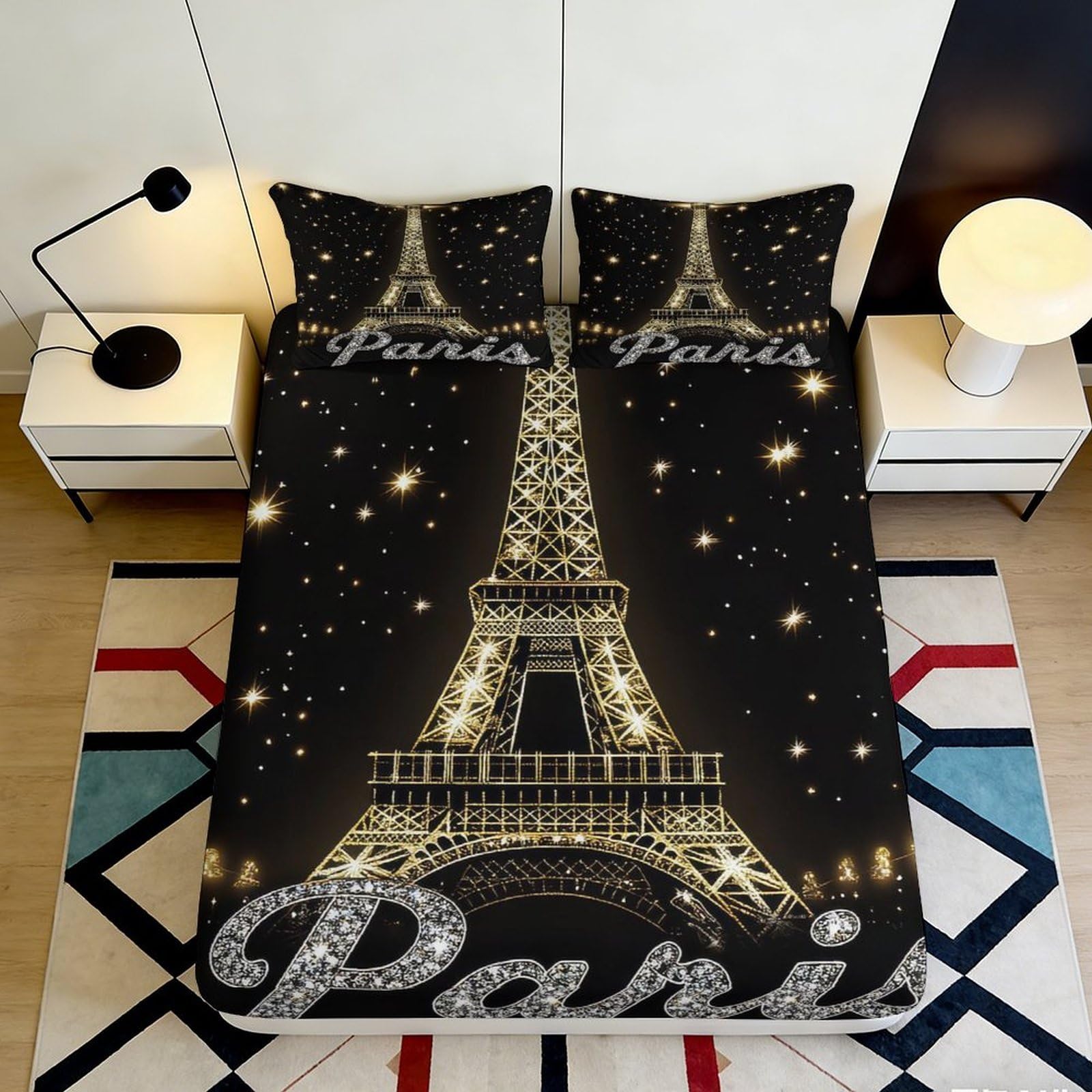 3D Printed Paris Night Fitted Sheet Microfiber Deep Pocket Non-Slip Paris Mattress Fitted Cover Bedroom Bedding for Adults Teens 90x200x25cm