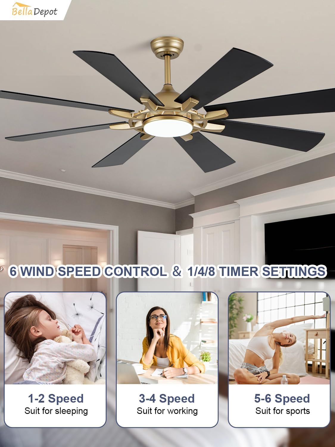 Bella Depot 60" Black and Gold Ceiling Fan with Light Large Ceiling Fan with Remote Dimmable LED Tri-Color Temperature 6-Speed Quiet DC Motor Chandelier Fan for Bedroom Living Room Patio