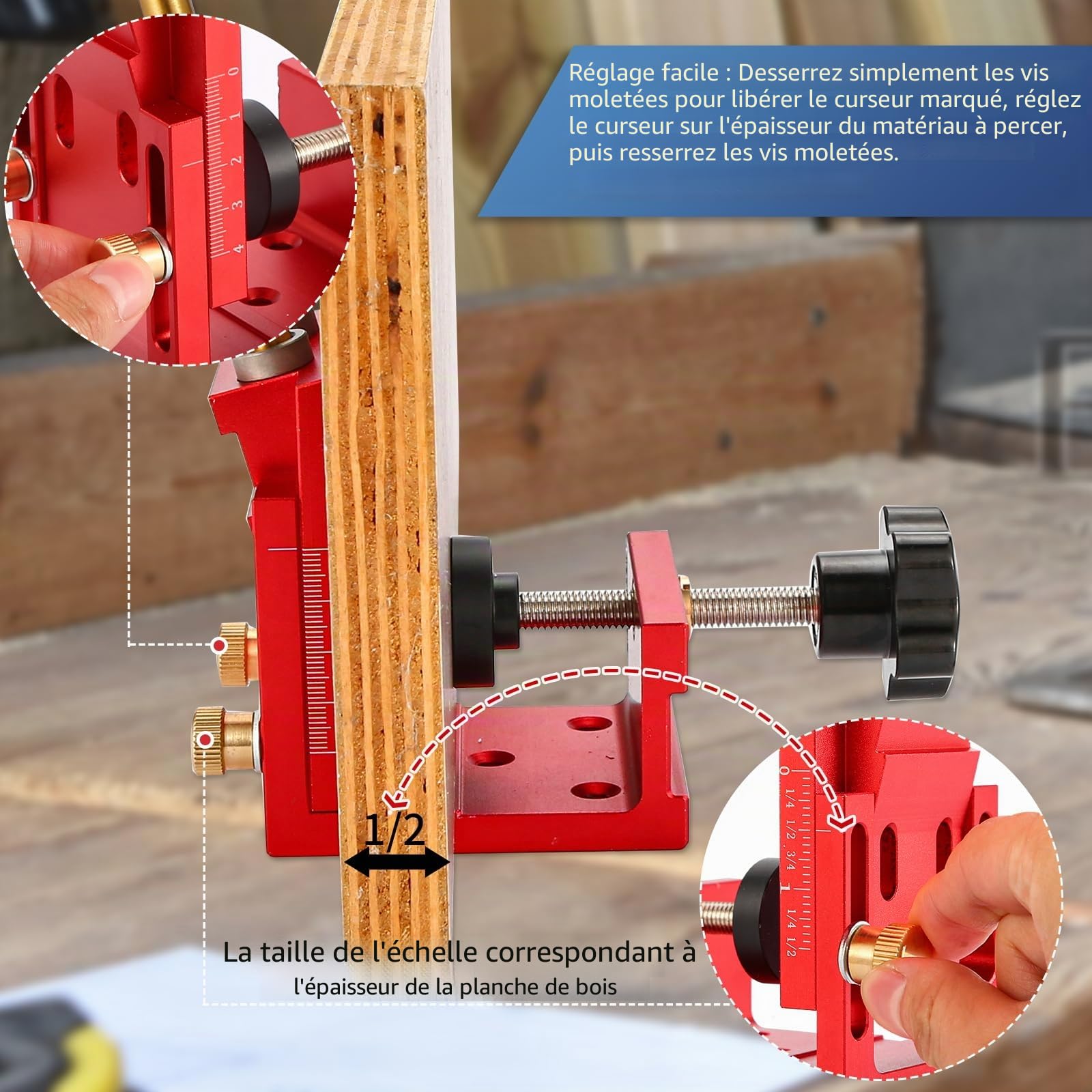 Idong Kit de Gabarit de Trou de Poche Profondeur Réglable, Gabarit de Percage Oblique pour Travaux de Menuiserie Meuble en Bois, Positionneur de Trou Oblique pour Travail du Bois