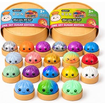 XXL Mystery Dumpling Squishy Buns Set of 1, 3, 4 - Glitter & Matt & Glow Surprise Colour - 9.5 cm Squeeze Toy with Steamer Bo