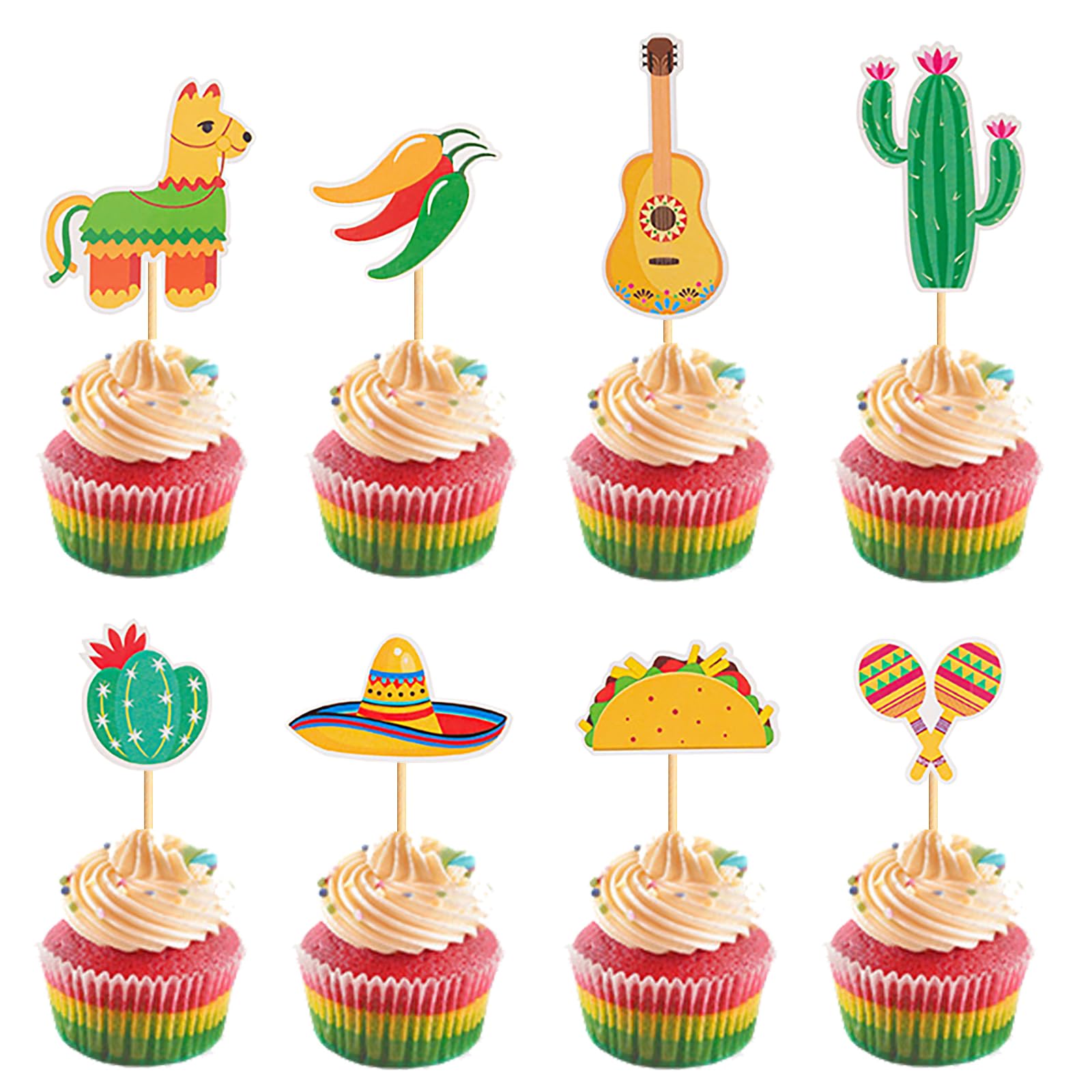 Confezione da 36 decorazioni per cupcake messicane Fiesta cactus asino Maraca Sombrero chitarra Cupcake Picks a tema messicano decorazioni per torte baby shower festa di compleanno decorazioni per