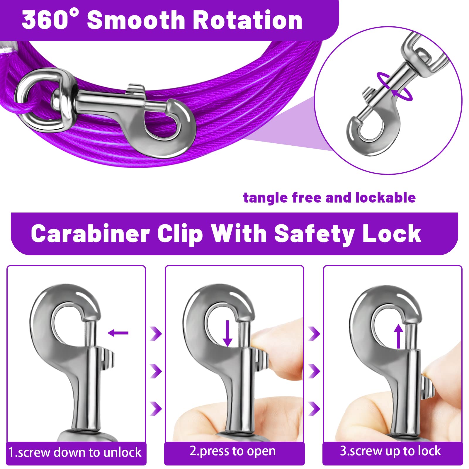 HaiYUAN Dog Tie Out Cable 10/15/20/25/30 FT Dog Runner for Yard Steel Wire Dog Cable with Durable Superior Clips purple Dog Chains for Outside Dog Lead for Large Dogs Up to 165 lbs - Image 2
