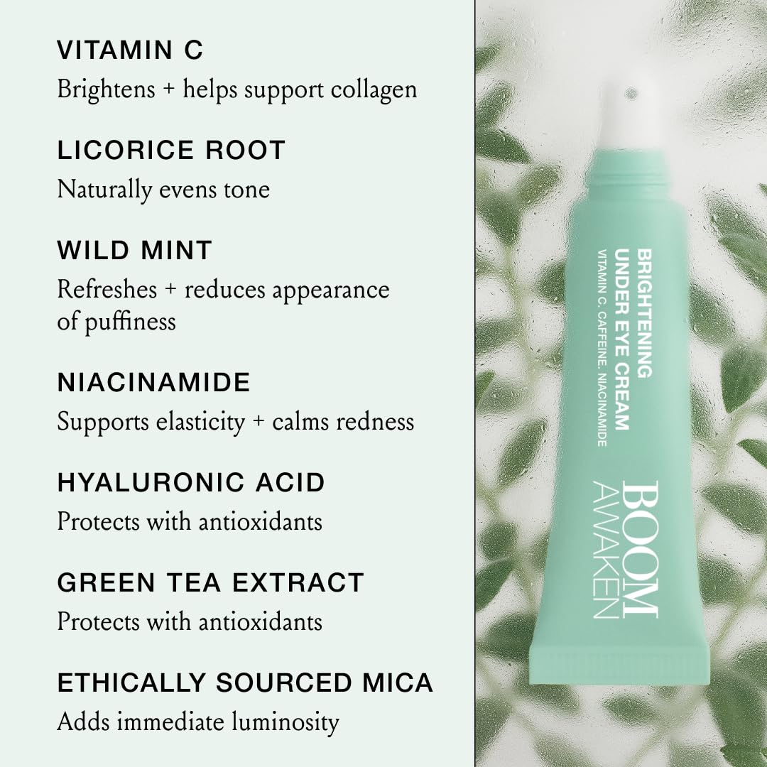 Boom Awaken Cooling Under Eye Cream - Targets Puffiness & Uneven Tone with Vitamin C, Licorice Root, Wild Mint, Green Tea & Hyaluronic Acid - Lightweight, Refreshing, Vegan Formula - 0.5 oz