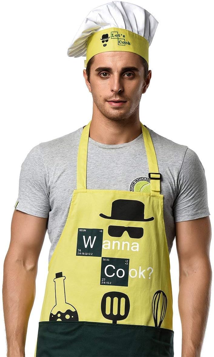 Kitchen Apron Chef Hat Cooking - Professional Set for Men, Women, Baking, Grill, BBQ, Outdoor / 3 Large Pockets, Adjustable, 100% Cotton