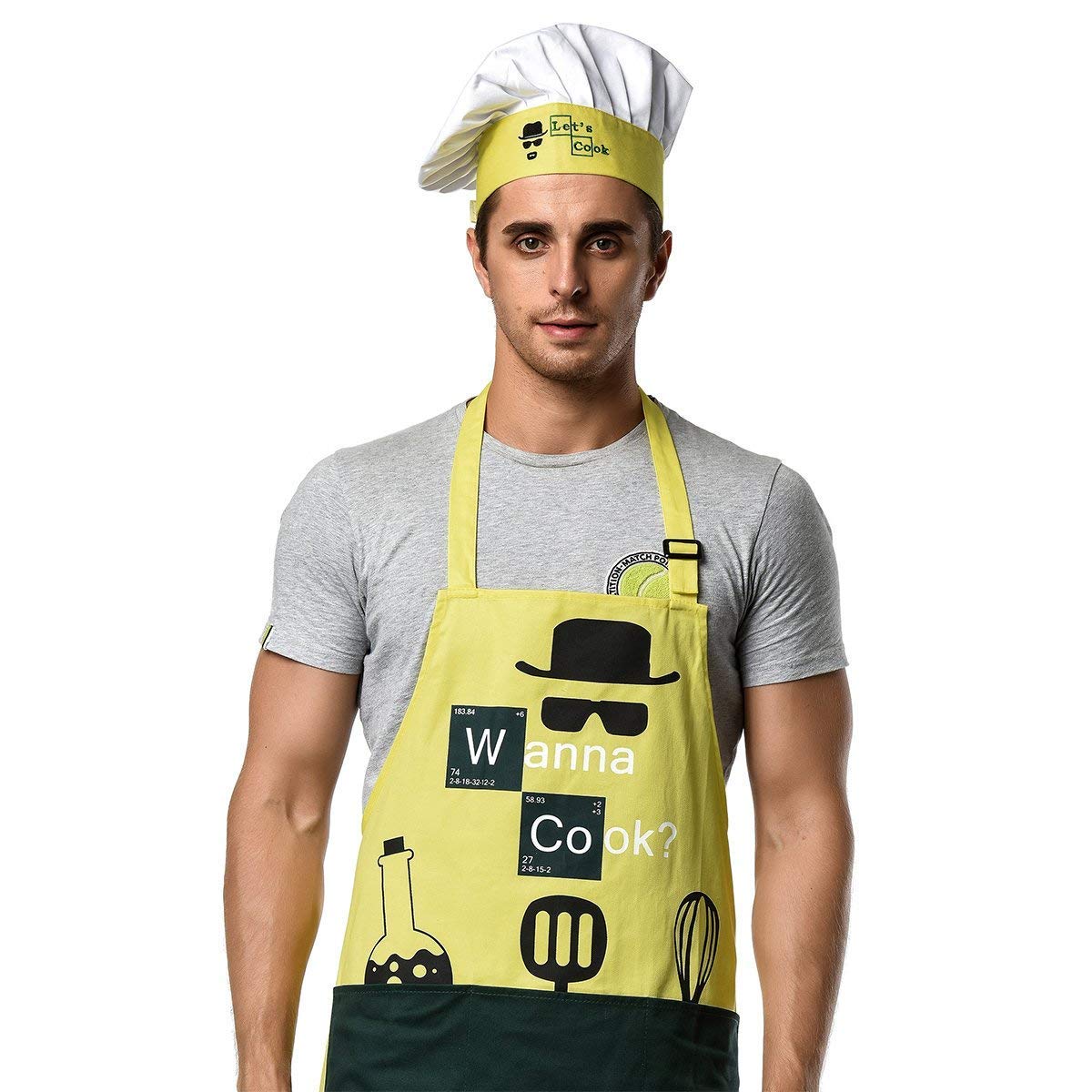 Kitchen Apron Chef Hat Cooking - Professional Set for Men, Women, Baking, Grill, BBQ, Outdoor / 3 Large Pockets, Adjustable, 100% Cotton