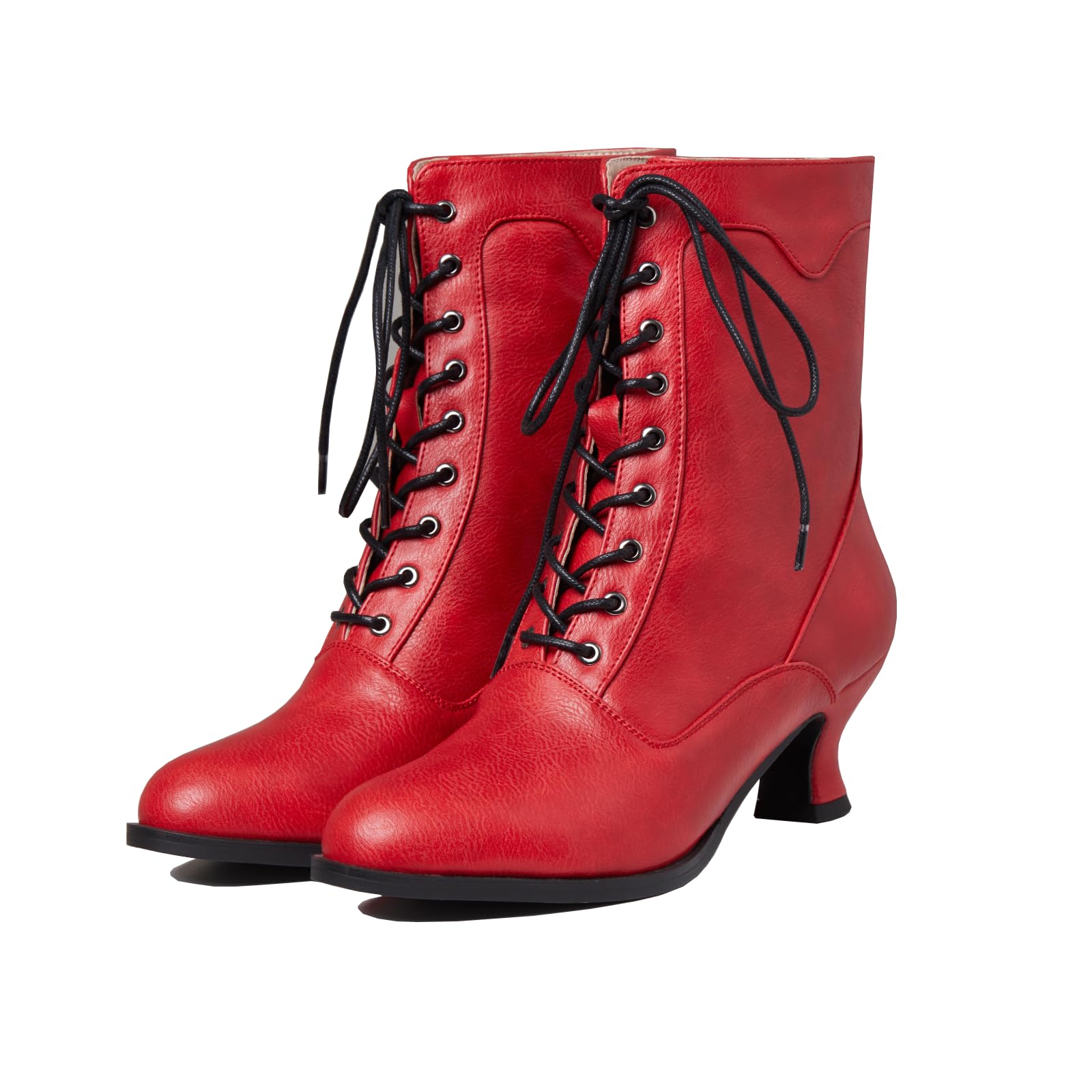 Yremael Women's Victorian Ankle Boots - Mid Calf, Round Toe, Black Boots with Chunky Heel & Lace Up Detail