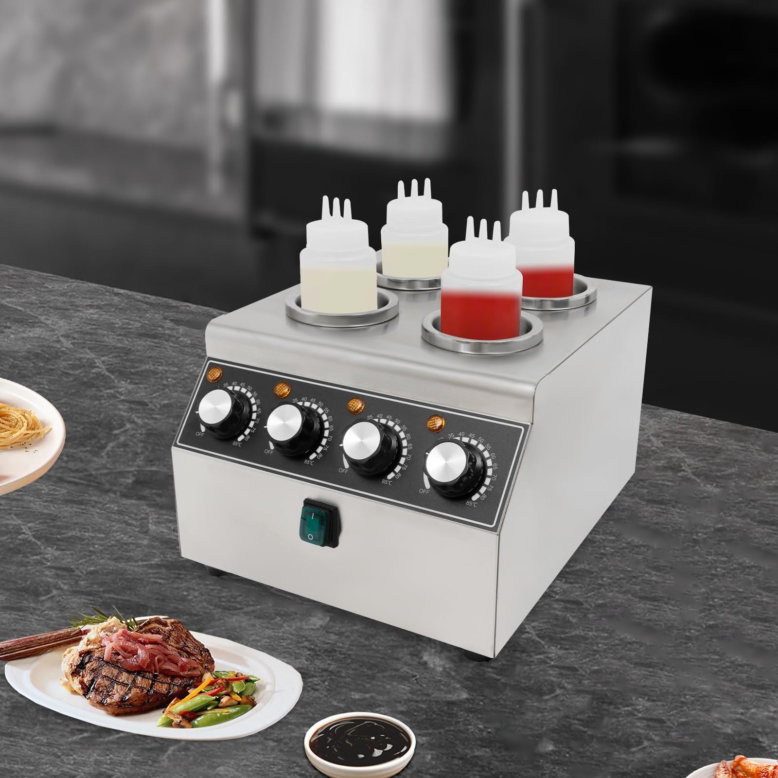 Saucenwärmer Elektrischer Saucenspender 800W 30-85℃ Schokowärmer mit 4 Squeeze-Flaschen Senfspender Dosierspender für Verschiedene Soßen
