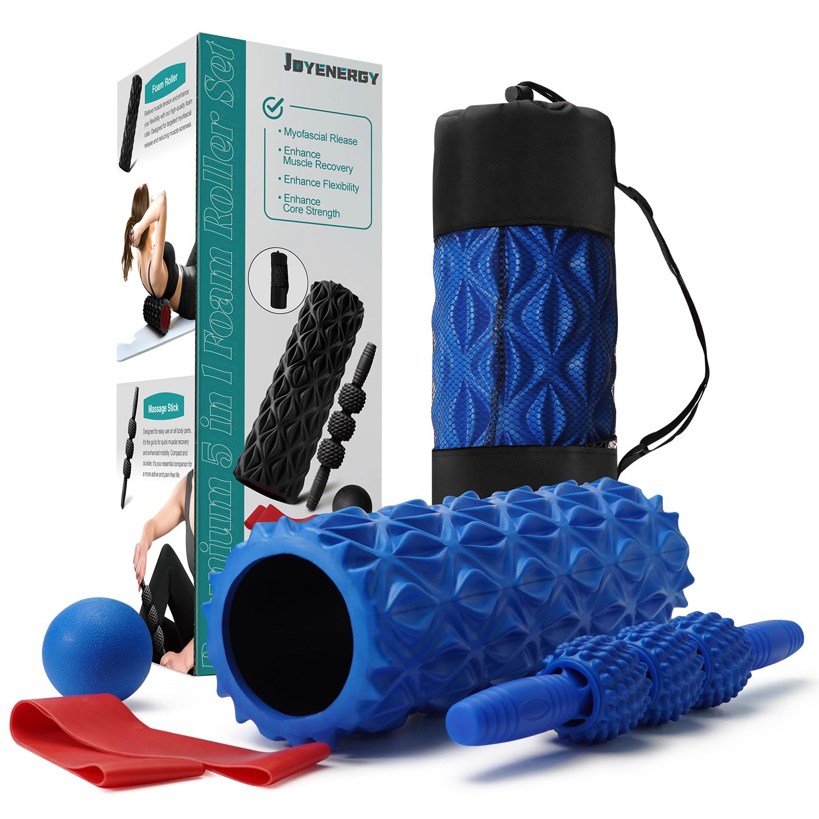 JOYENERGY 5 in 1 Foam Roller Set Trigger Point Foam Roller, Massage Roller Stick, Massage Ball, Stretching Strap for Deep Muscle Massage Pilates Yoga,