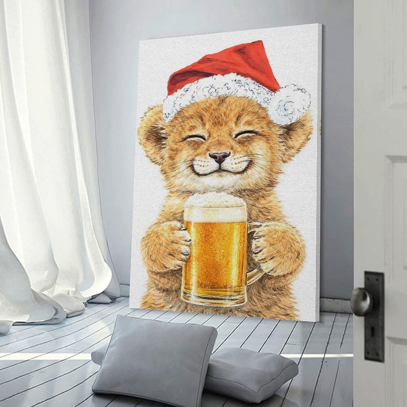 Junmoney Frame-Style-8-1 Lion Cub In Santa Hat With Beer Wall Decor Canvas Print 20X30inch(50X75cm), For Lounge, Study, Hallway Or Flat Walls, Decorative Artwork With Broad Appeal