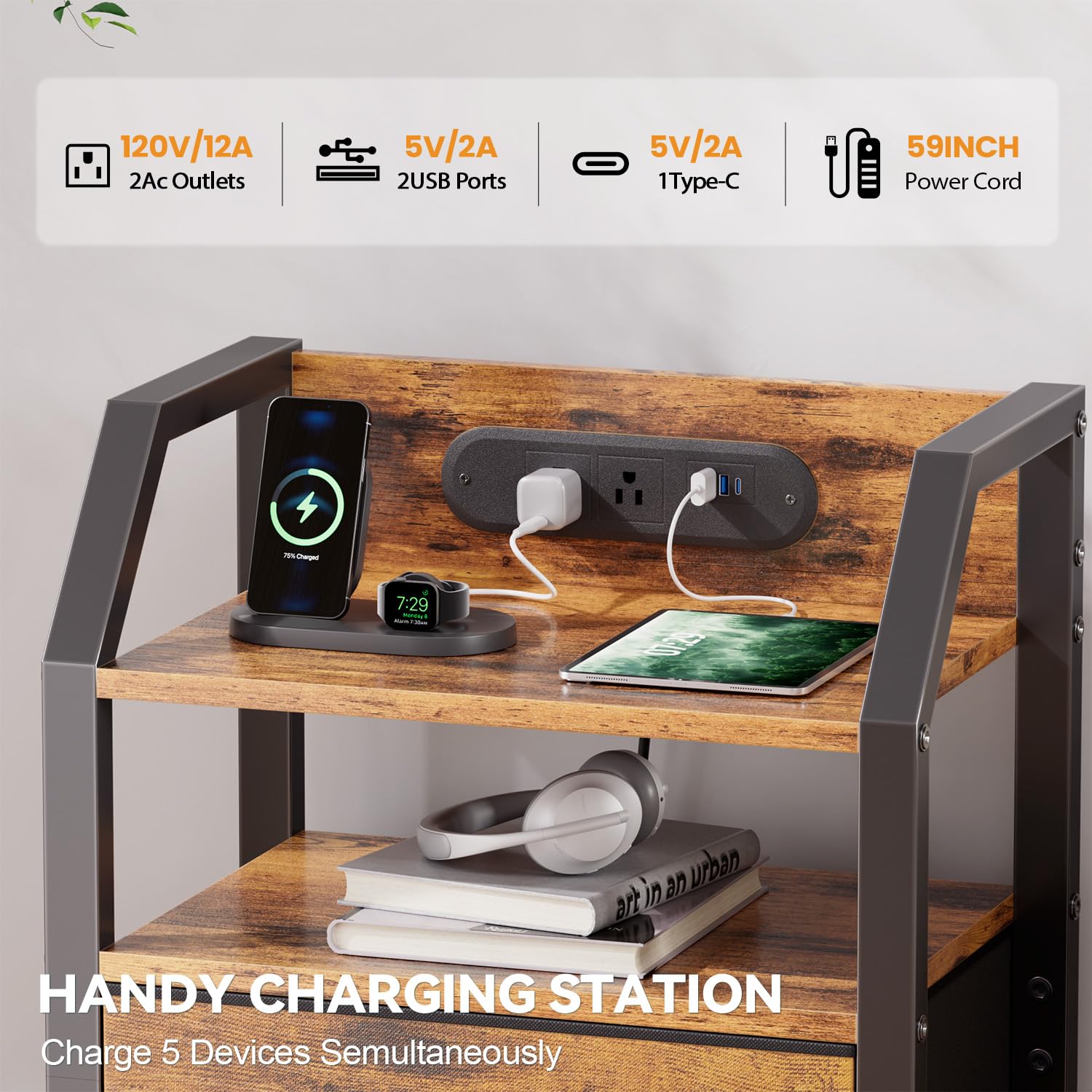 HLDIRECT Comodino con stazione di ricarica, porte USB e prese AC, comodino a LED con 2 cassetti in tessuto e ripiano portaoggetti, comodino per camera da letto, tavolino per soggiorno (marrone rustico