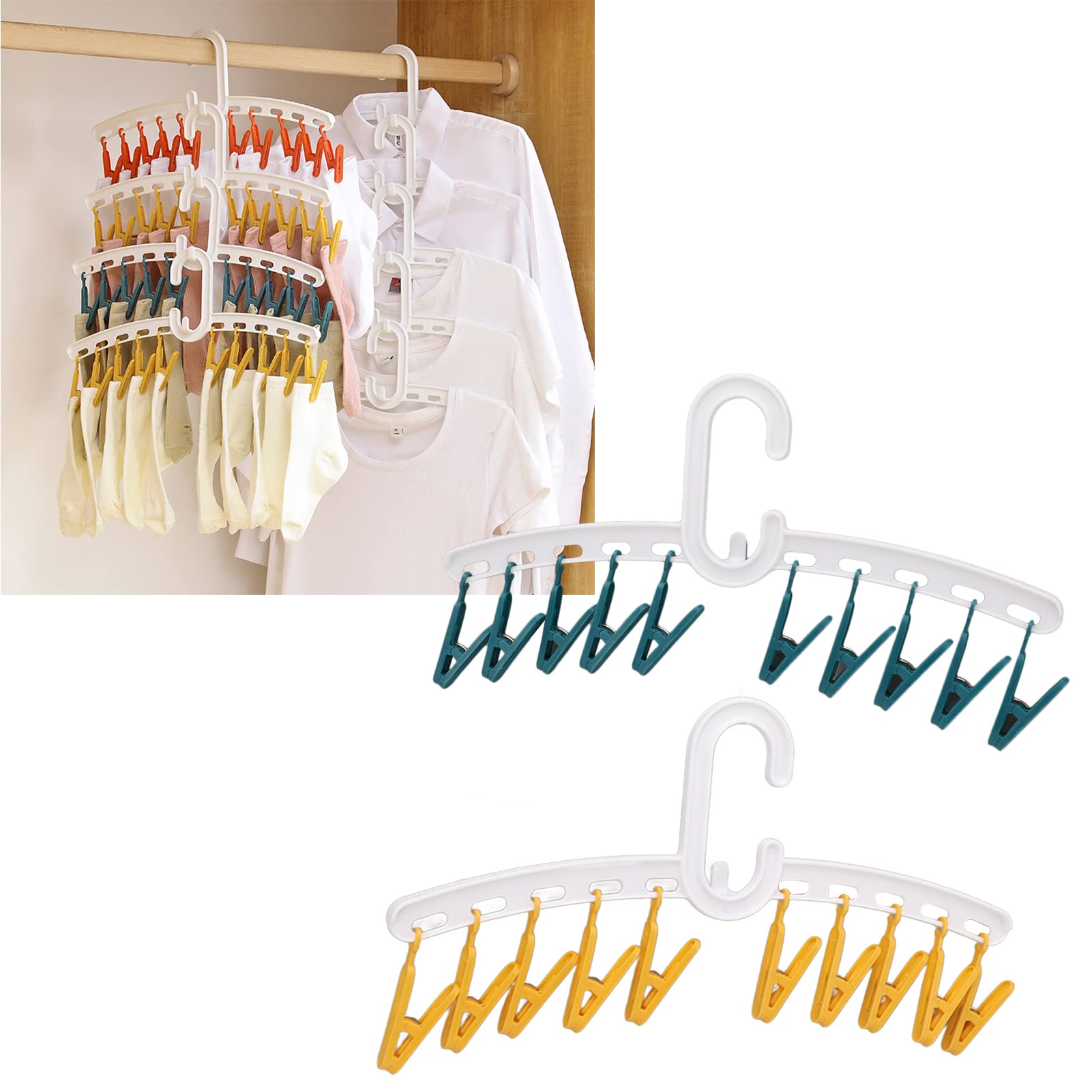 Deosdum Plastic Clothes Airer, Windproof Sock Clips, Anti-Tangle Clothes Airer for Clothes, Travel, Portable Accessories (White and Yellow)
