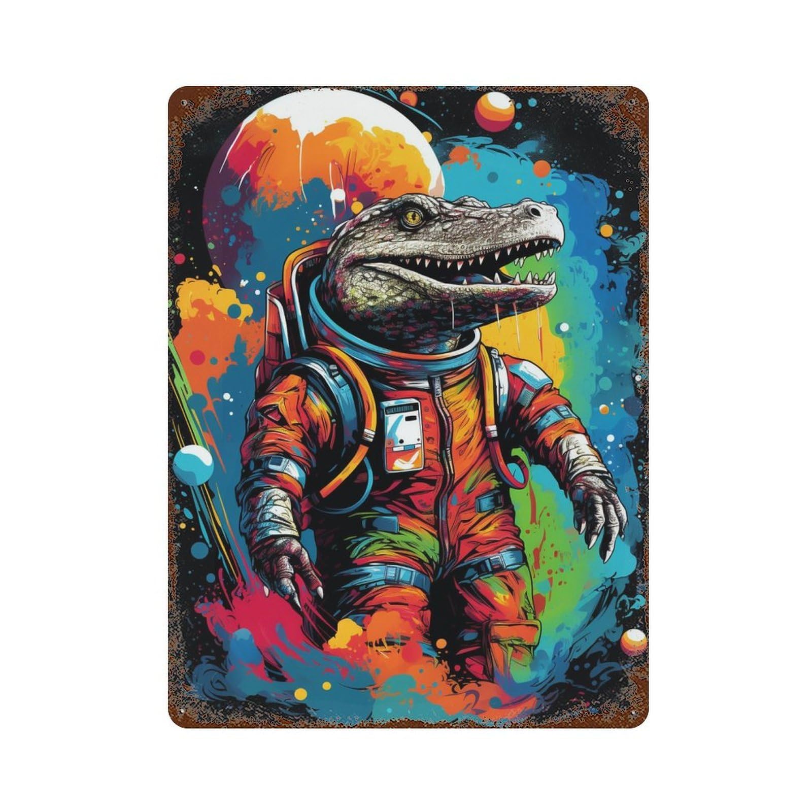 Vintage Rust Metal Sign with Space Crocodile Astronaut Art Print -1 Design 15.7"x11.8", for Shed, Workshop And Garage Wall Decor, Retro Wall Decor