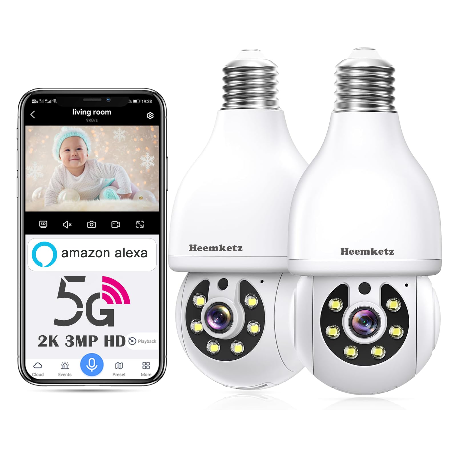 Heemketz Light Bulb Security Camera - 2K/3MP HD, 360° Motion Tracking, Color Night Vision, Alexa Compatible, Wireless WiFi Security Camera with Two-Way Audio, SD/Cloud Storage and Smart Alerts