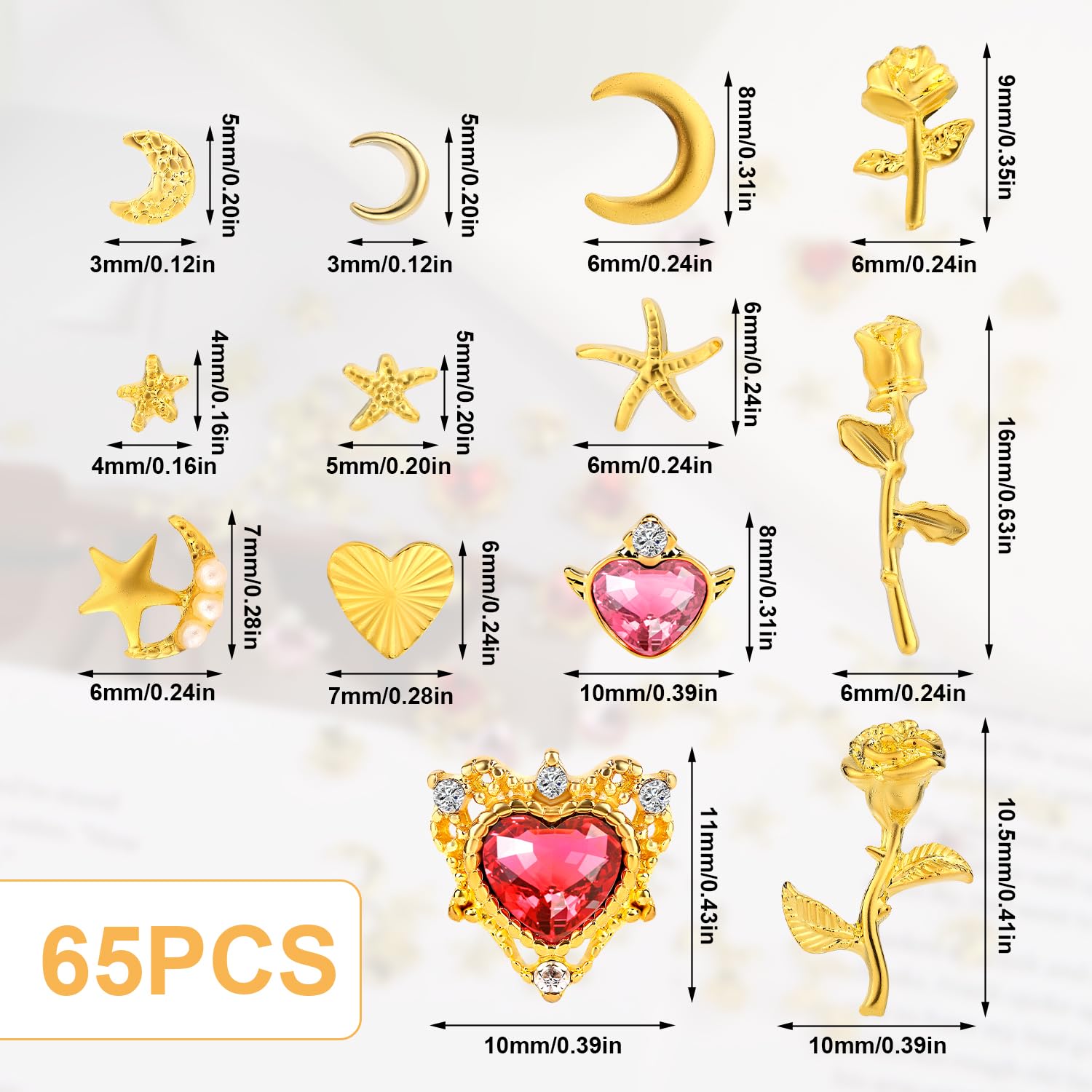 65pcs Gold Nail Charms Set, Alloy Rhinestones Nail Charms with Star Heart Rose Moon Decoration Accessories for Women Manicure - Image 2