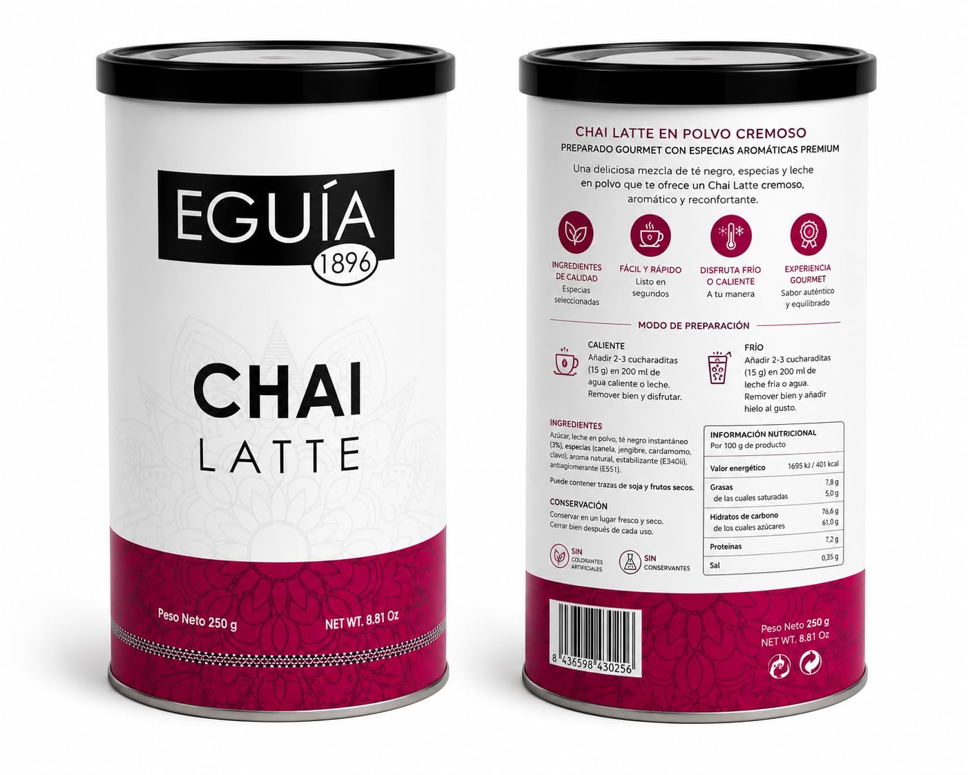 EGUIA Chai Latte en Polvo Cremoso - Pack 2x250g - Te Chai Latte Instantaneo y Soluble - Bebida Especiada Estilo Cafeteria - Preparado Gourmet con Especias Aromaticas Premium
