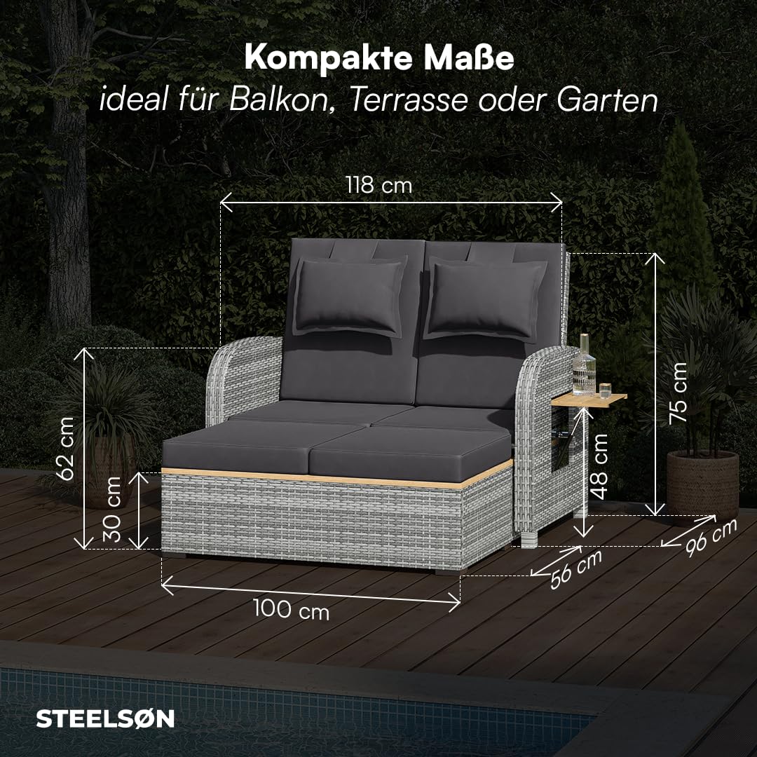 STEELSØN Caelum Sonnenliege mit Kissen Grau – Rattan Loungebett verstellbare Rückenlehne – Doppelliege ausklappbare Seitentische – Gartenliege wetterfest – Sonnenbett 2 Personen – mit Liegefunktion