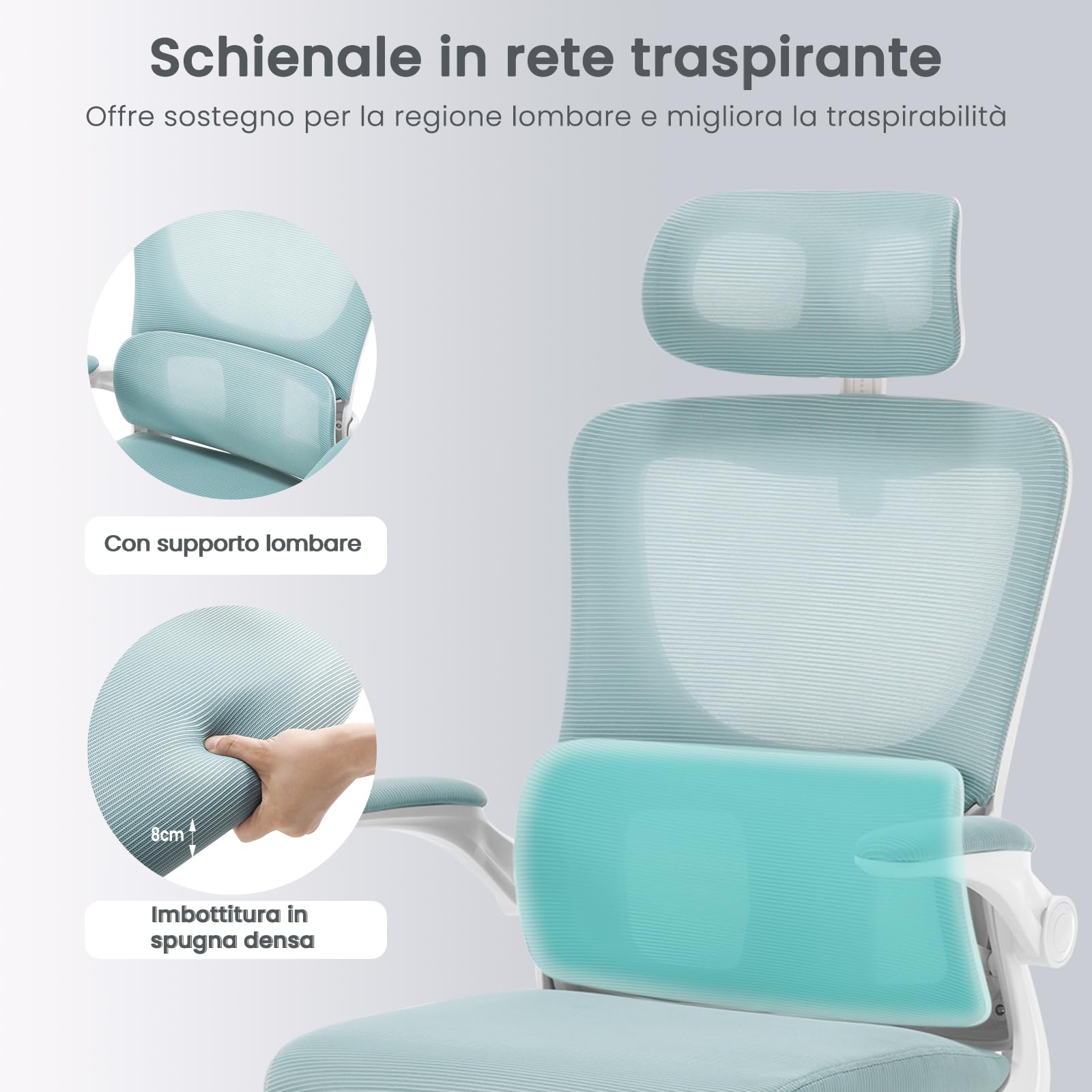 WOLTU Sedia Ufficio Ergonomica, Sedie Ufficio a Rete Traspirante, Con Supporto Lombare Adattativo a Forma Di C, Poggiatesta Regolabile, Braccioli Ribaltabili, per Scrivania, Casa, Blu