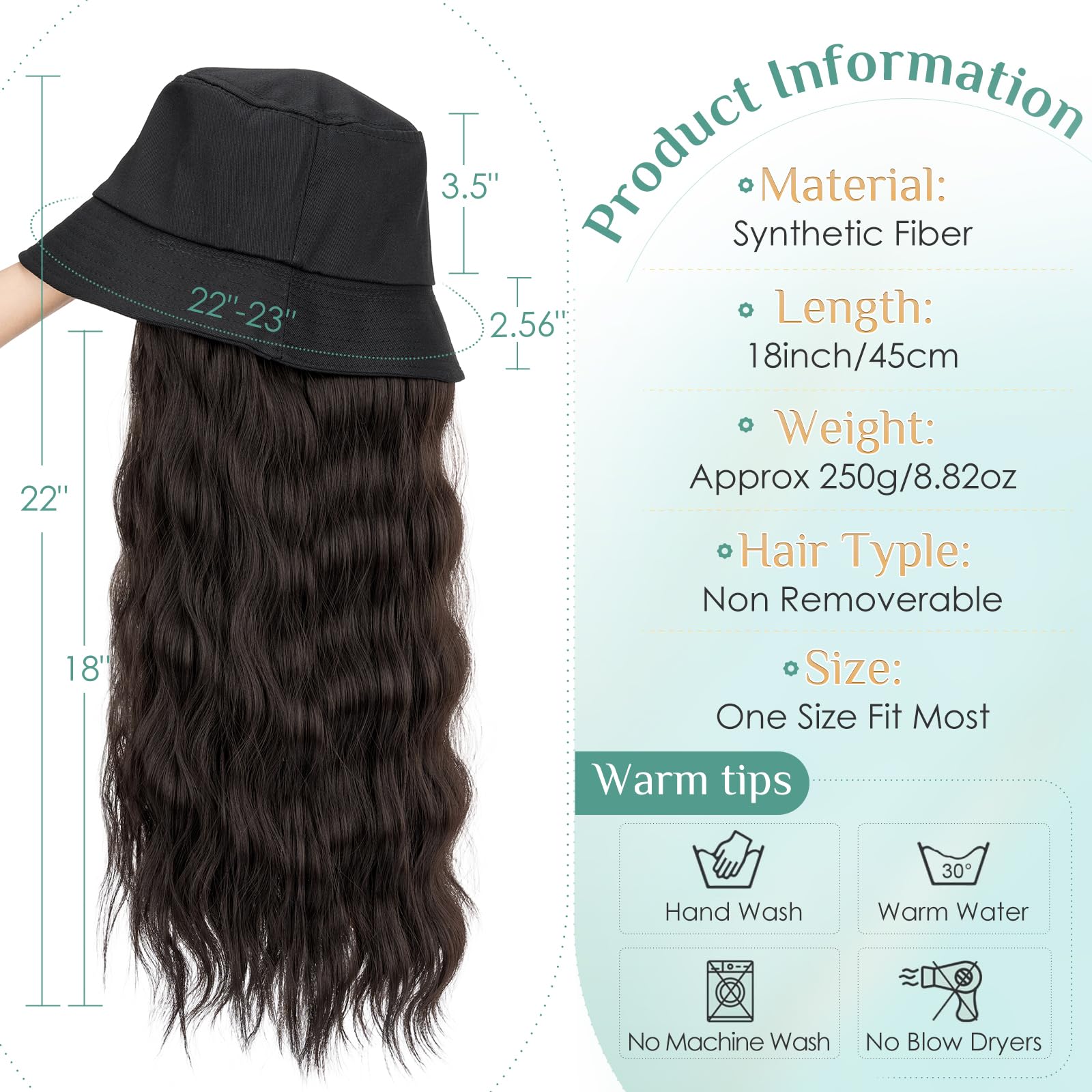 S-noilite Hat Wig for Women Bucket Hat Wig with 18 inch Long Curly Wave Hairstyle Synthetic Hair Extensions - Image 3