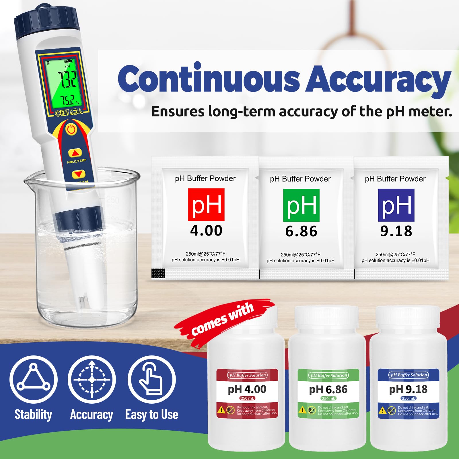 CIZTADA 15 Pack pH Calibration Buffer Powder with 3 Bottles, 250 ml Each for pH 6.86, pH 4.00 and pH 9.18 Calibration Solution, pH Calibration Packets for pH Tester/Pen/Meter