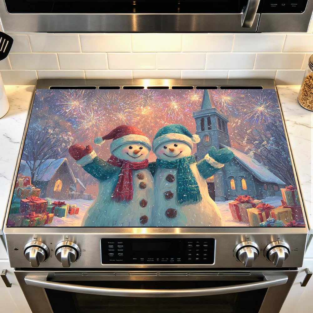 Snowman Christmas Fireworks Celebration Stove Cover 28.35x20.47in