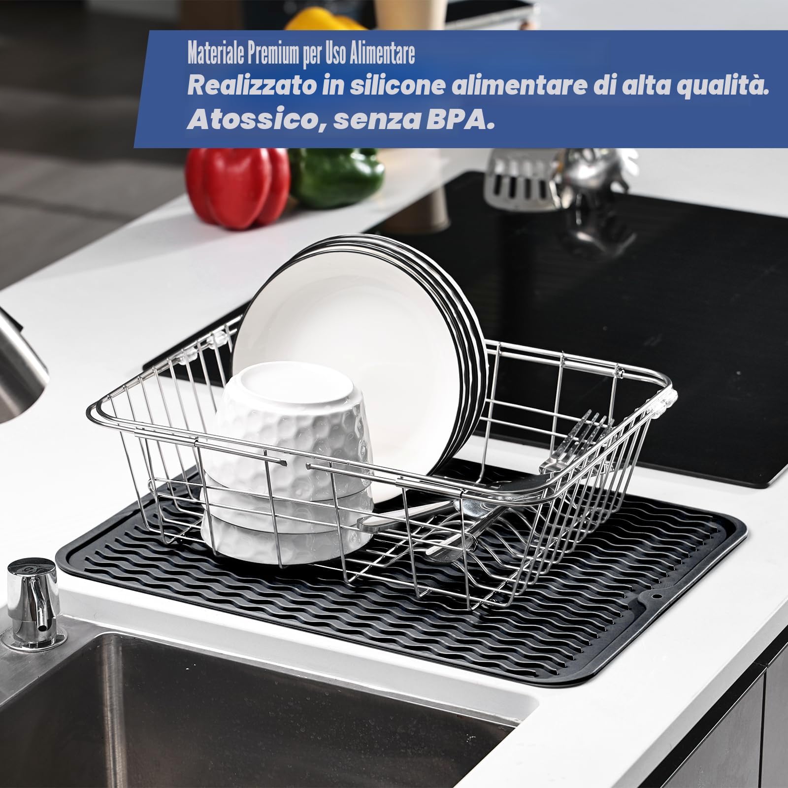 KitchenRaku Tappetino scolapiatti 30x40cm Resistente al calore Sottobicchieri silicone antiscivolo Nero