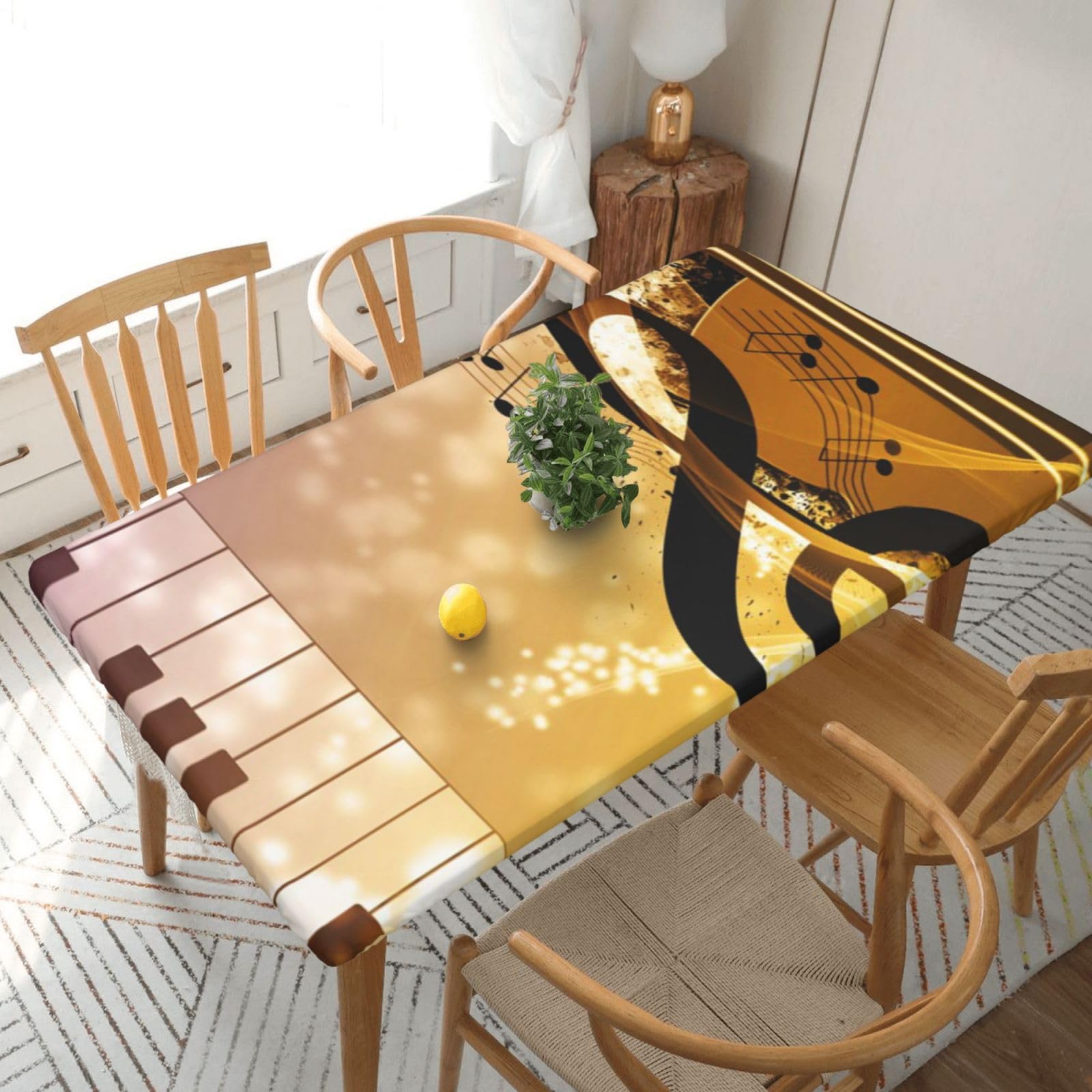 DCEHGEW Elastic Fitted Rectangle Tablecloth for 5ft Tables, Piano Violin Music Notes Printed Oilproof & Washable Fabric Picnic Table Cloth Table Covers