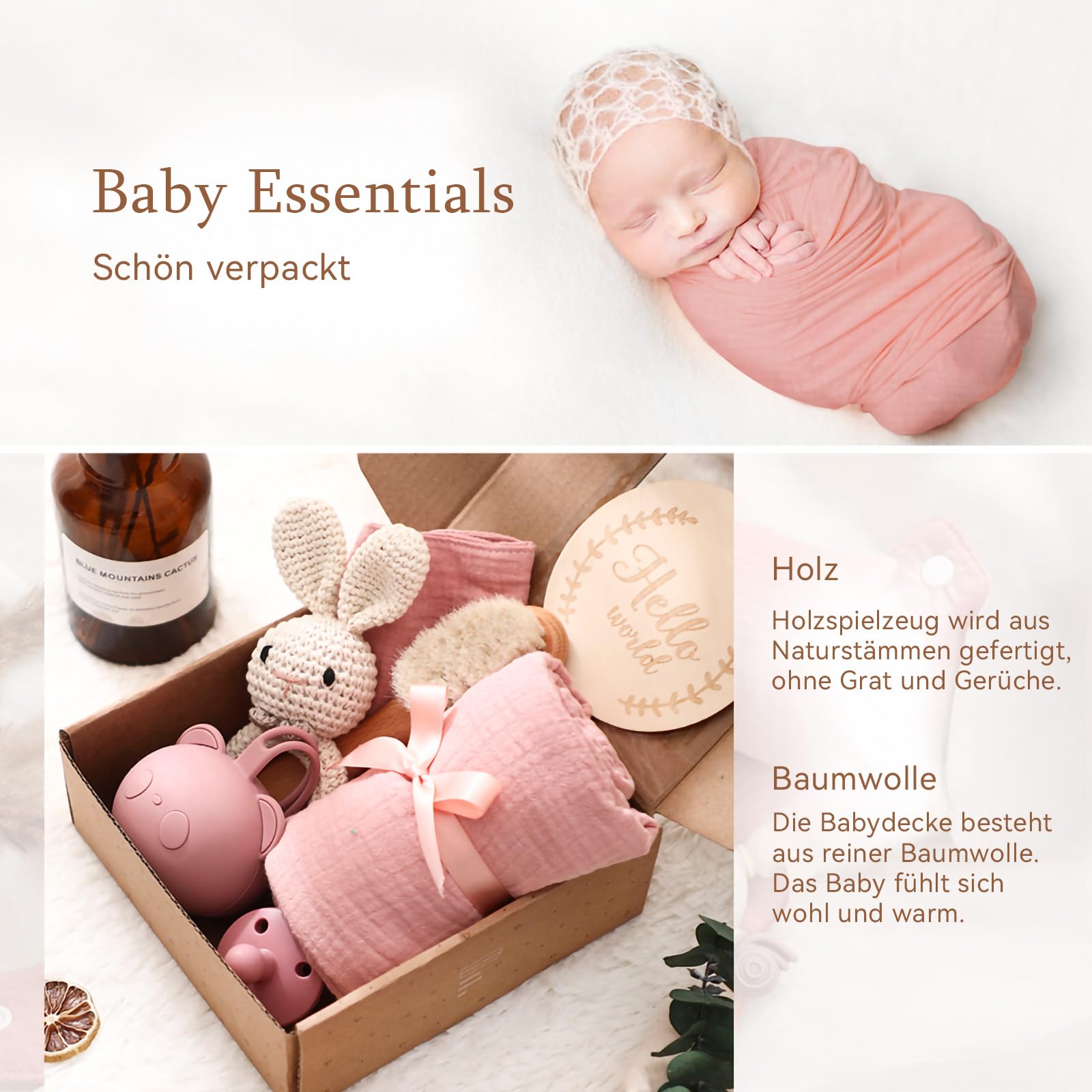 WOODEN TEETHER Set regalo per bambino, neonato regalo bambino Set nascita festa neonato regalo giocattoli (rosa set, Ohne Name)