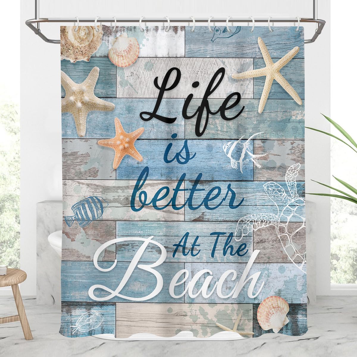 AAtter Beach Shower Curtain Nautical Coastal Rustic Kids Boys Funny Sea Ocean Summer Fish Seashell Tropical Hawaiian Starfish Conch Barn Wood Home