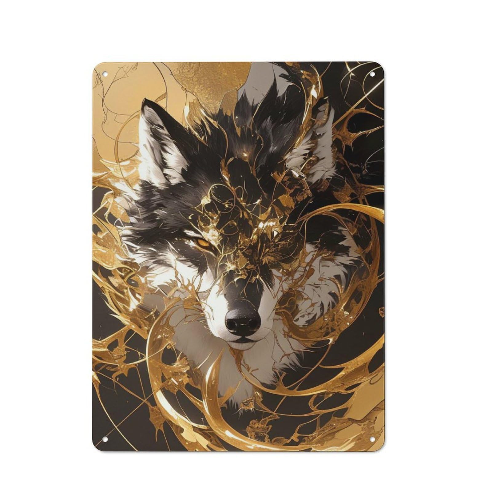 Vintage Metal Sign with Golden Wolf Portrait Design 40x30cm, Retro Room Wall Plaque for Home, Shop, Pub Or Studio Wall