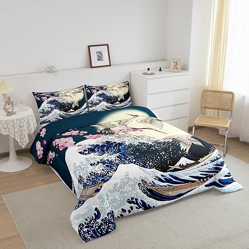 Miniatura 2 de Erosebridal Juego de edredón de estilo japonés, tamaño King, estampado de grulla de cerezo para niños, niñas y mujeres, decoración de dormitorio,