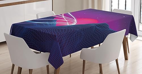 Miniatura 4 de Ambesonne Synthwave Tablecloth, Abstract Lines on Checkered Mountains and Cosmic Retro Sun Stars, Rectangular Table Cover for Dining Room Kitchen