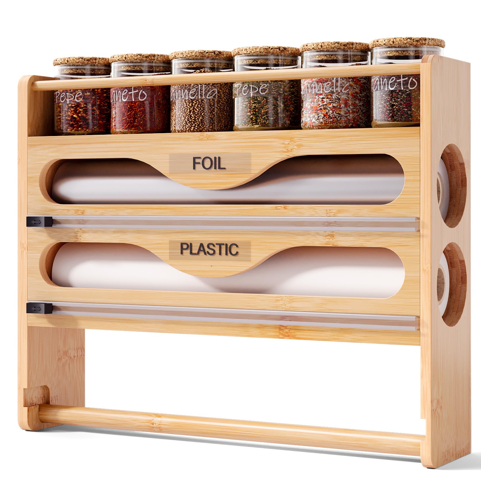 Fibogollo Wrap Dispenser with Cutter and Label,4-in-1 Wall Mounted Bamboo Plastic Wrap Organizer with Spice shelf and Paper Towel Holder for Aluminum Foil,Cling Wrap,Wax,Parchment,Zipper Bag（Natural）