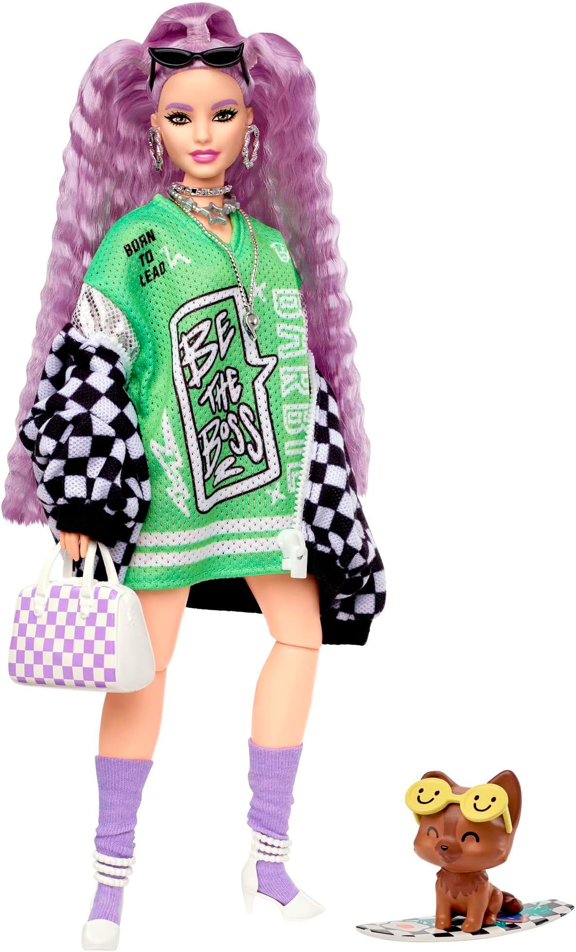 BARBIE BRAND Extra Doll #18 in Jersey Dress & Oversized Checkered Jacket, with Pet Puppy, Extra-Long Hair & Accessories, Flexible Joints, 3 Year Olds & Up