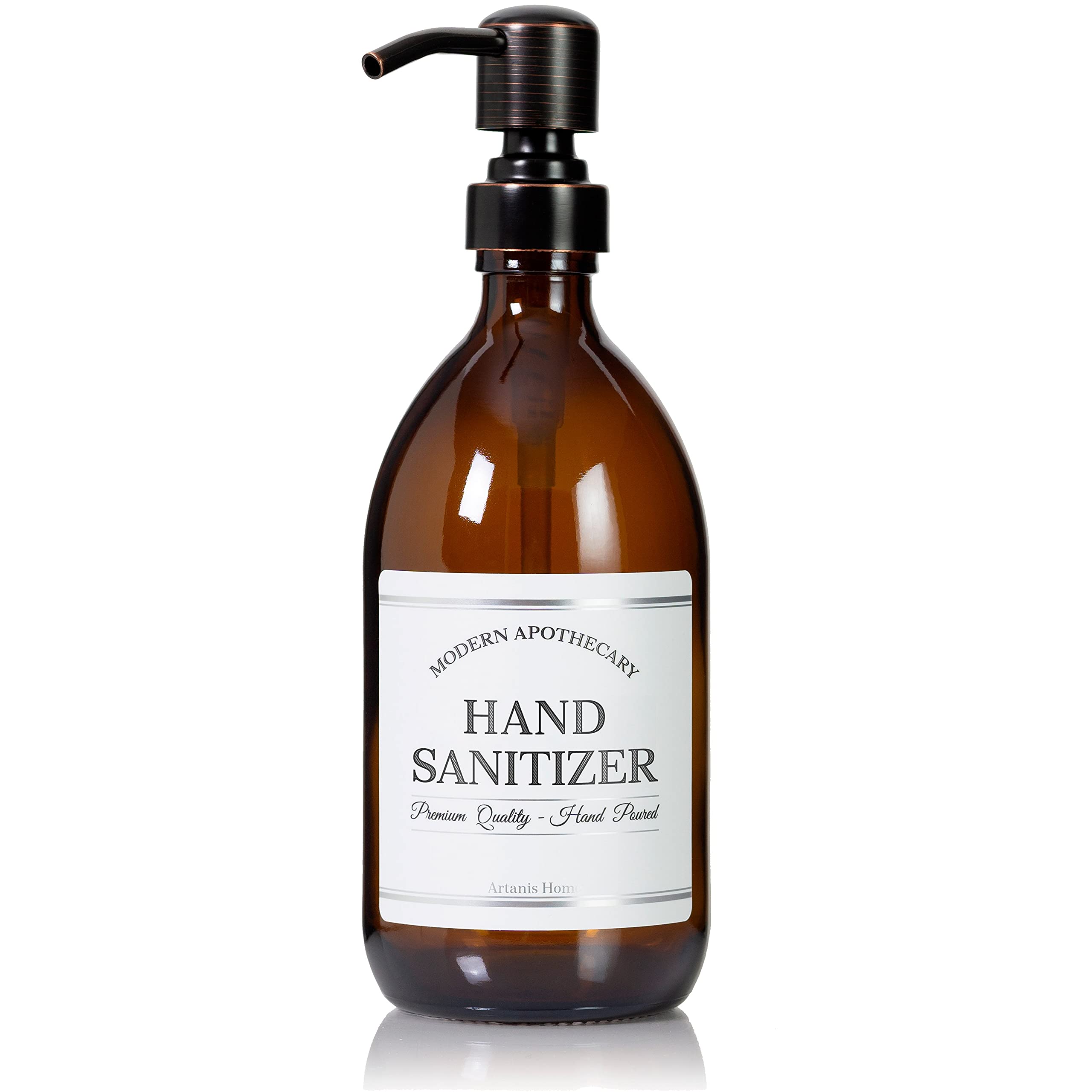 Artanis Home Refillable Amber Glass Hand Sanitizer Dispenser 16 oz – Chrome Accent Waterproof Labeled Apothecary Bottle with Oil Rubbed Bronze Pump