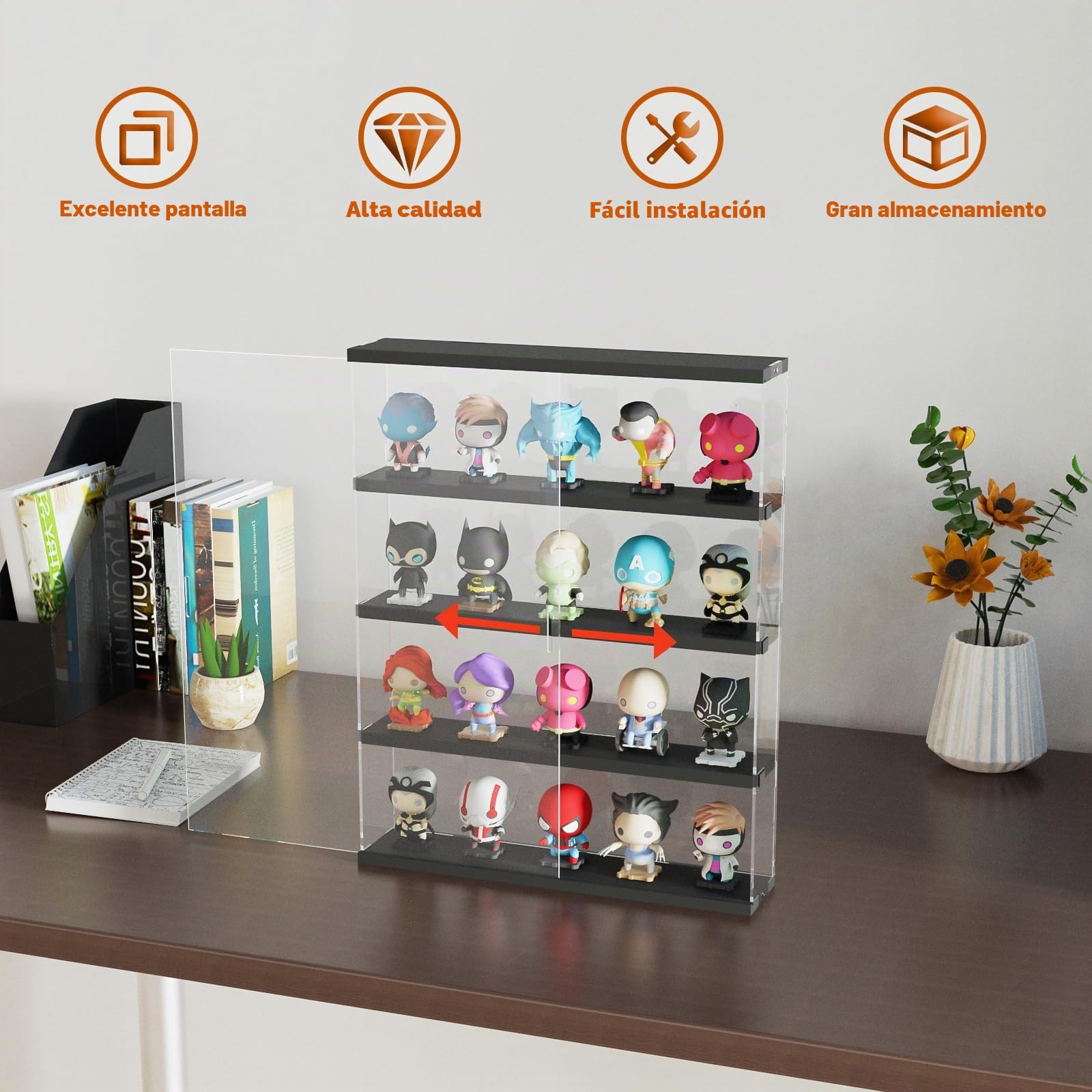 Joody - Escaparate de pared para coleccionar, figura de coche, miniatura, modelo de 4 estantes, vitrina acrílica transparente con puerta deslizante, caja de plexiglás, almacenamiento, negro, 40 x 8,5