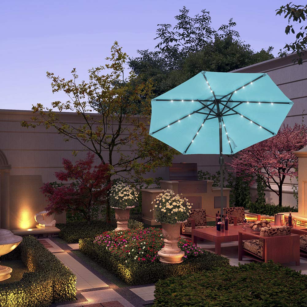 Amazon Com Sundale Outdoor 7 Ft Solar Powered 24 Led Lighted Patio Umbrella Table Market Umbrella With Crank And Push Button Tilt For Garden Deck Backyard Pool 8 Steel Ribs Polyester Canopy