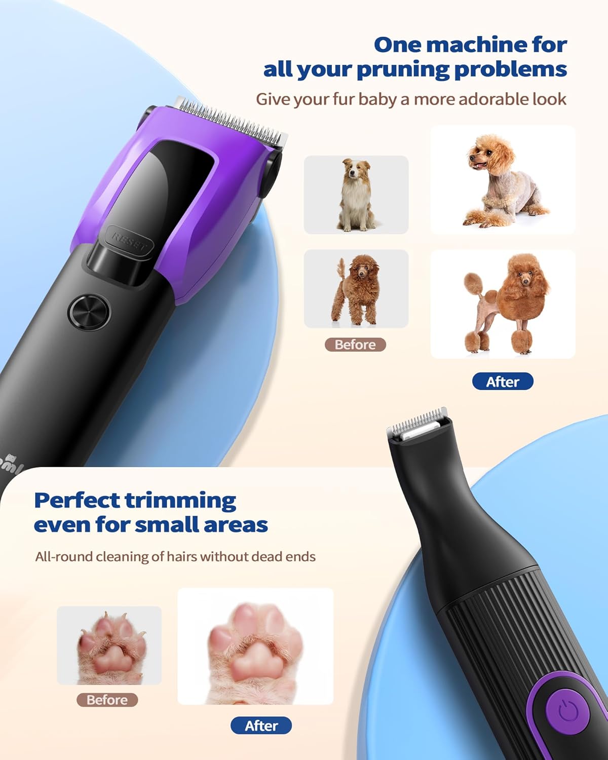 Dog & Cat Grooming Kit for Thick Coats, Heavy Duty Rechargeable Trimmer with LED Display & Storage Bag (Purple, 2 in 1)