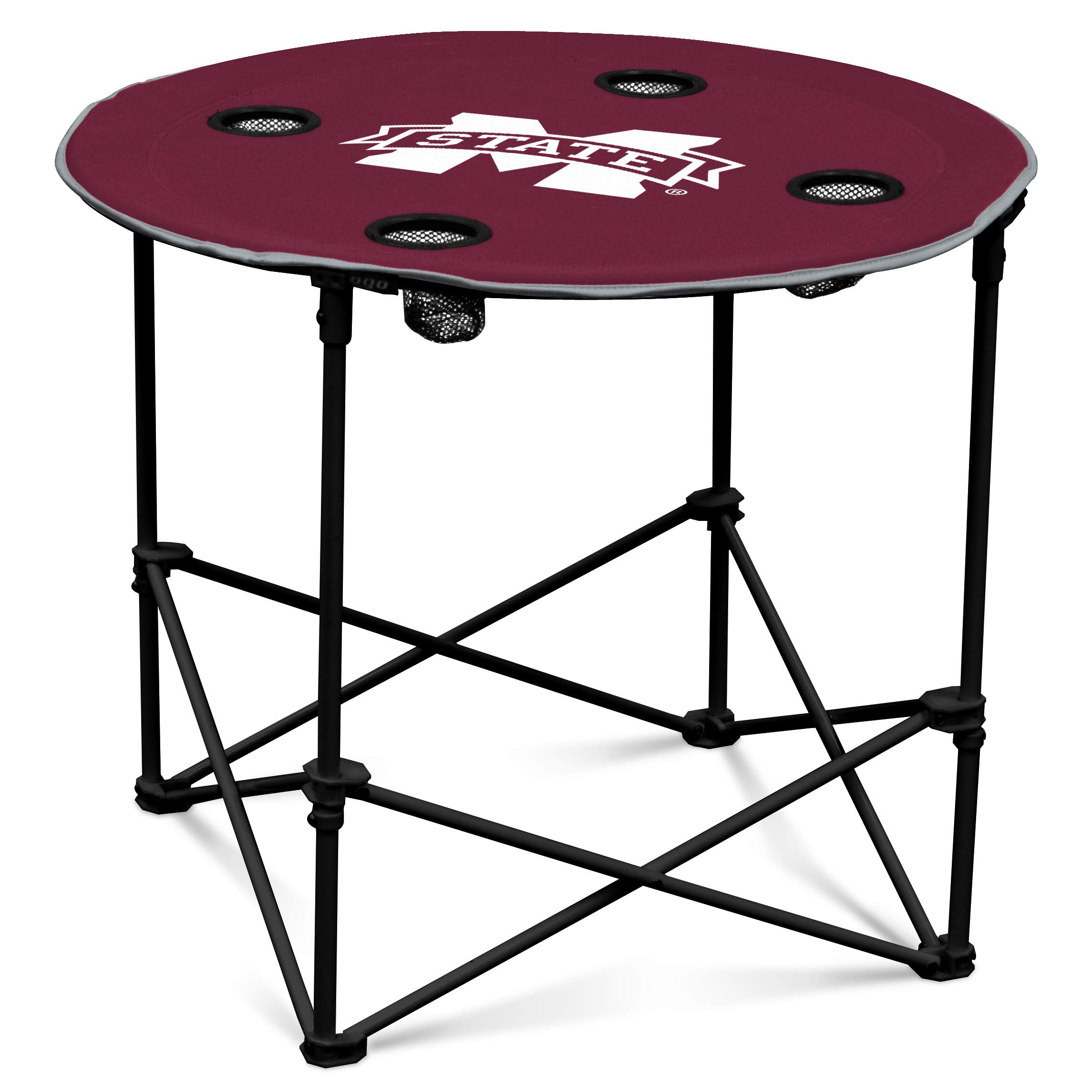 Logo Brands NCAA Mississippi State Bulldogs Round Tailgating Table – Portable with Foldable Legs, 4 Cup Holders, Powder-Coated Steel, and 27.6" Surface Diameter, Team Color