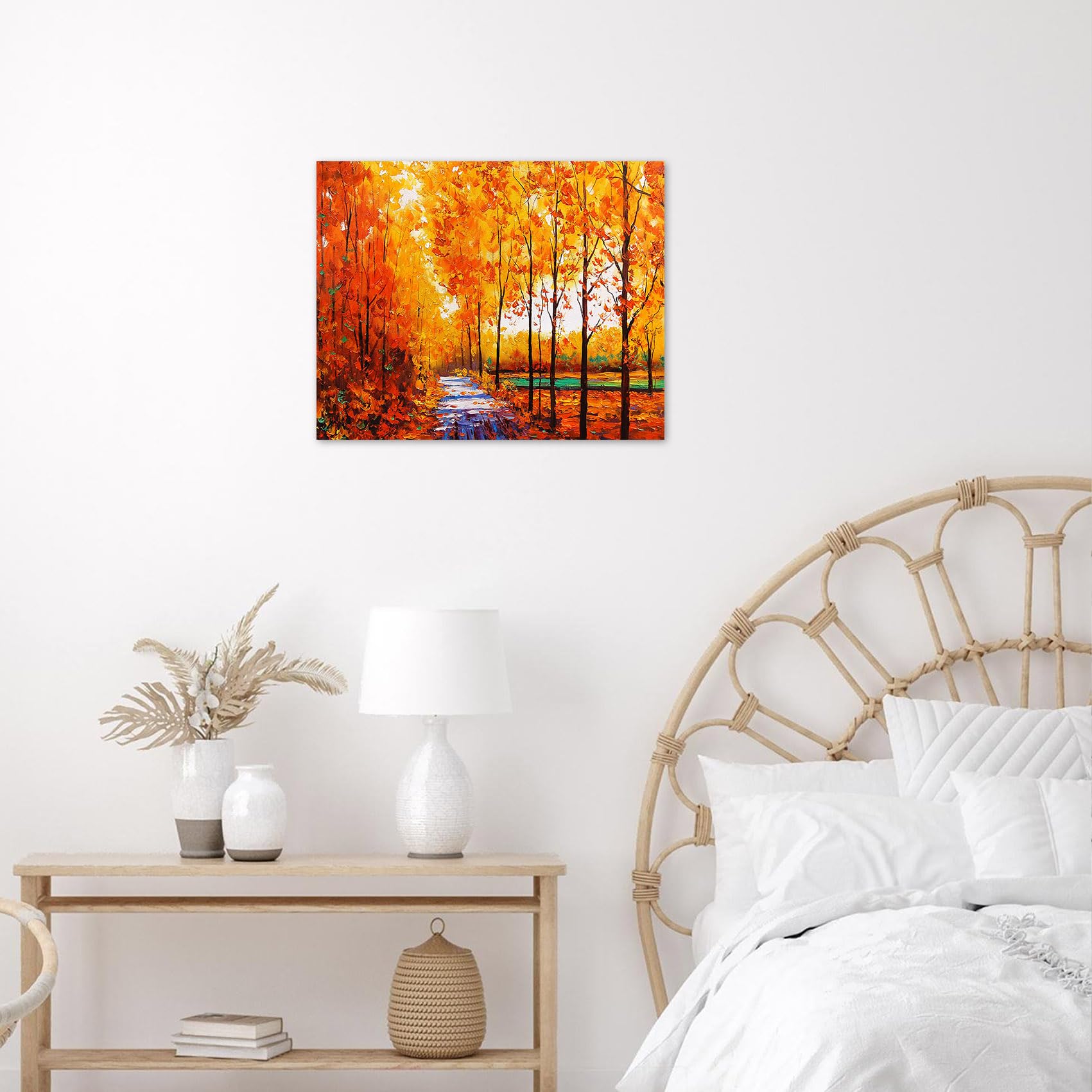 A vibrant painted autumn forest scene with golden light, falling orange leaves, a winding stream