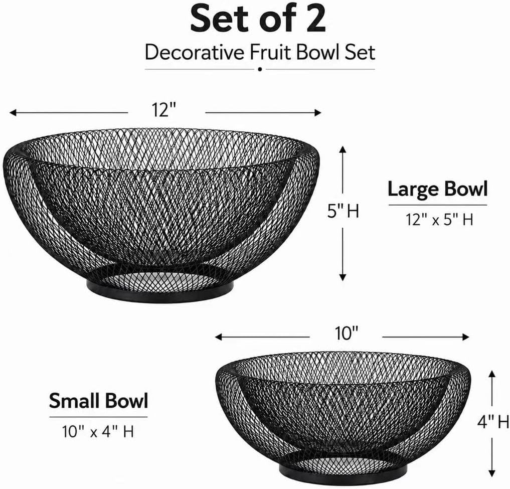 2 Set Modern Black Wire Mesh Decorative Bowls– Openwork Fruit Baskets for Bread, Snacks, Storage Trays for Kitchen, Living Room and Home décor. (12”x5”) (10”x4”)